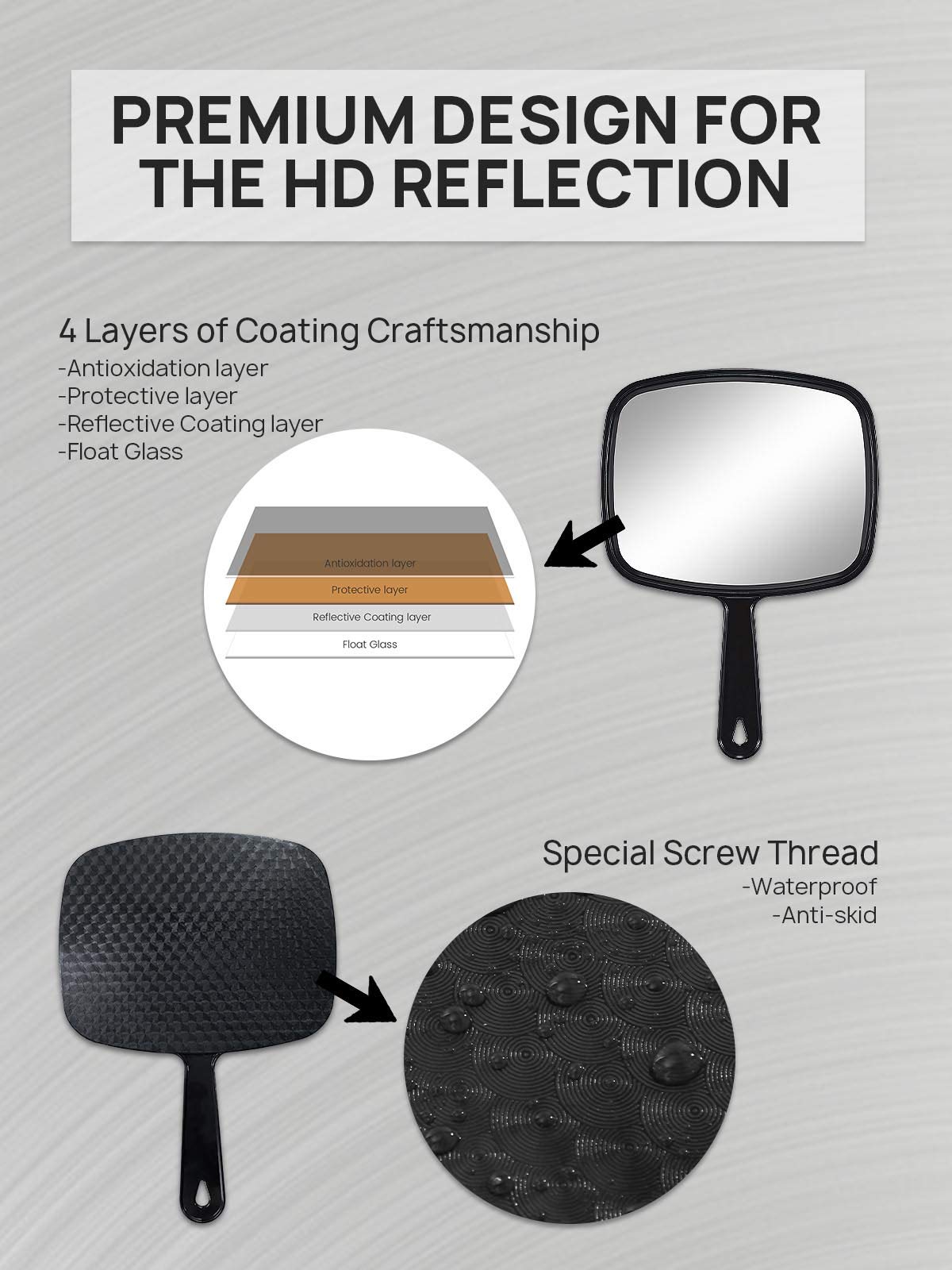 OMIRO Hand Mirror, All Black Handheld Mirror with Handle, 6.6'' W x 9.3'' L, Pack of 3