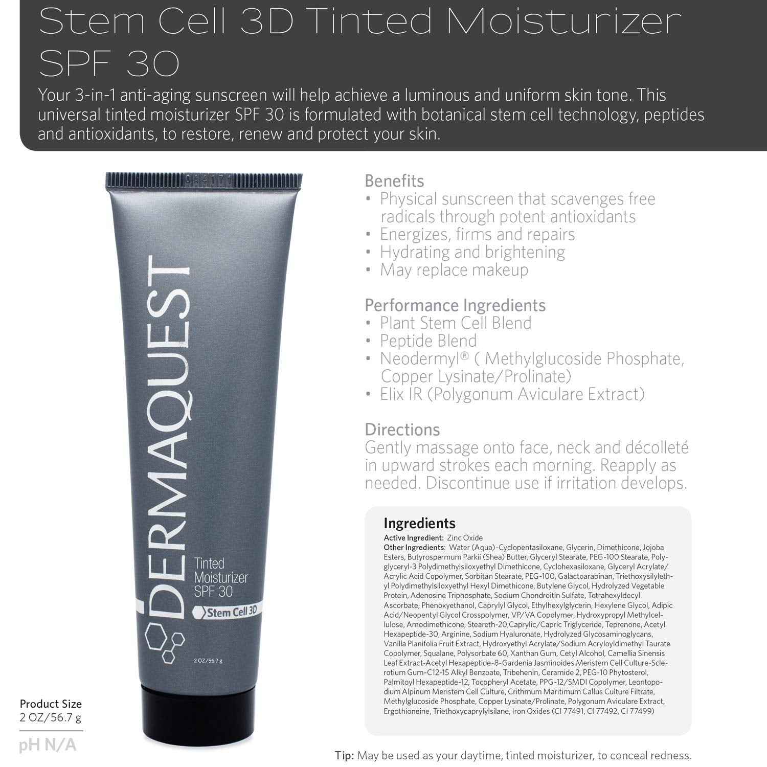 DermaQuest Stem Cell 3D Anti-aging Tinted Moisturizer SPF 30 - Facial Moisturizer Sunscreen with Botanical Stem Cells, Peptides