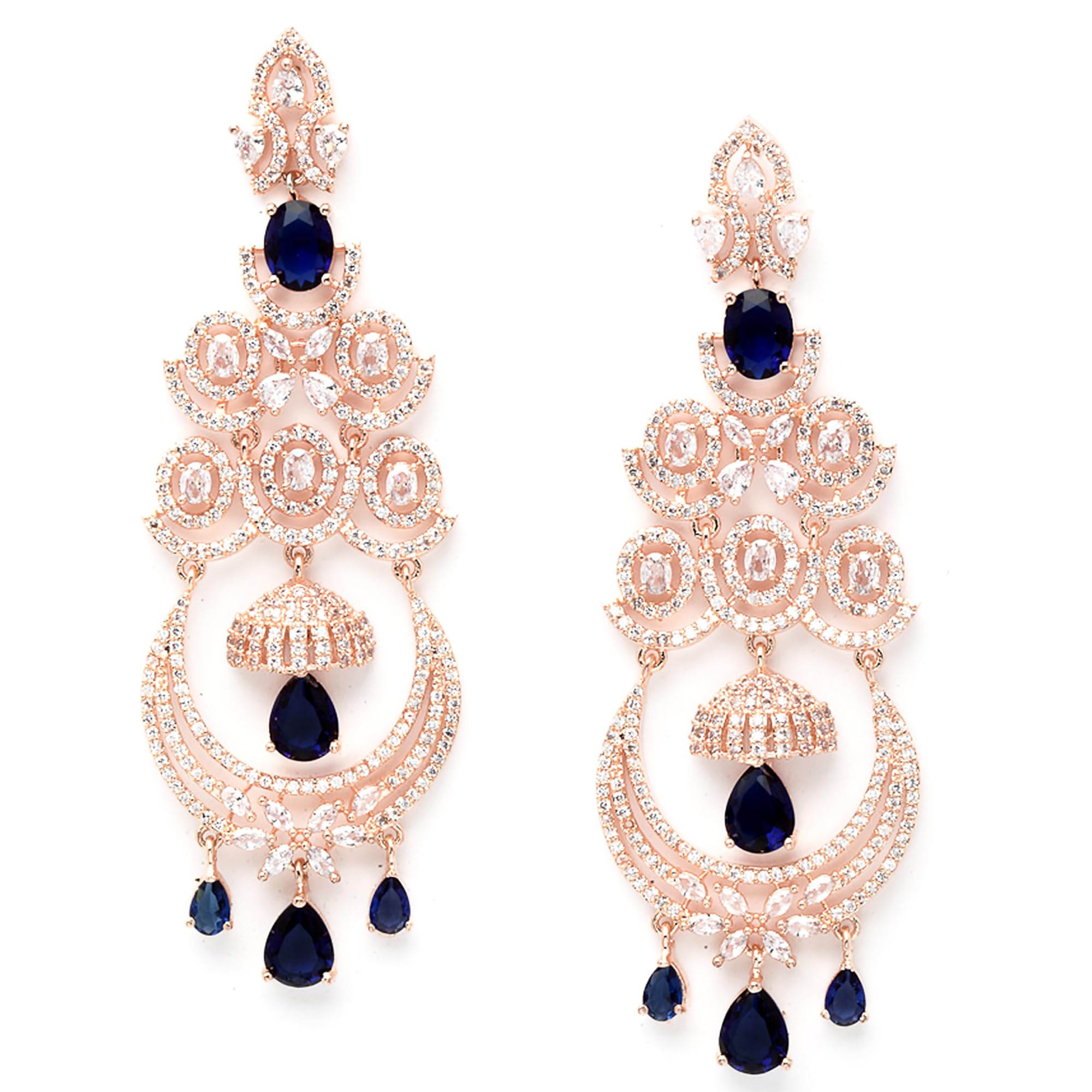 Zeneme Floral Shaped American Diamond Dangle Chandelier Earring For Women And Girls (Blue RoseGold)