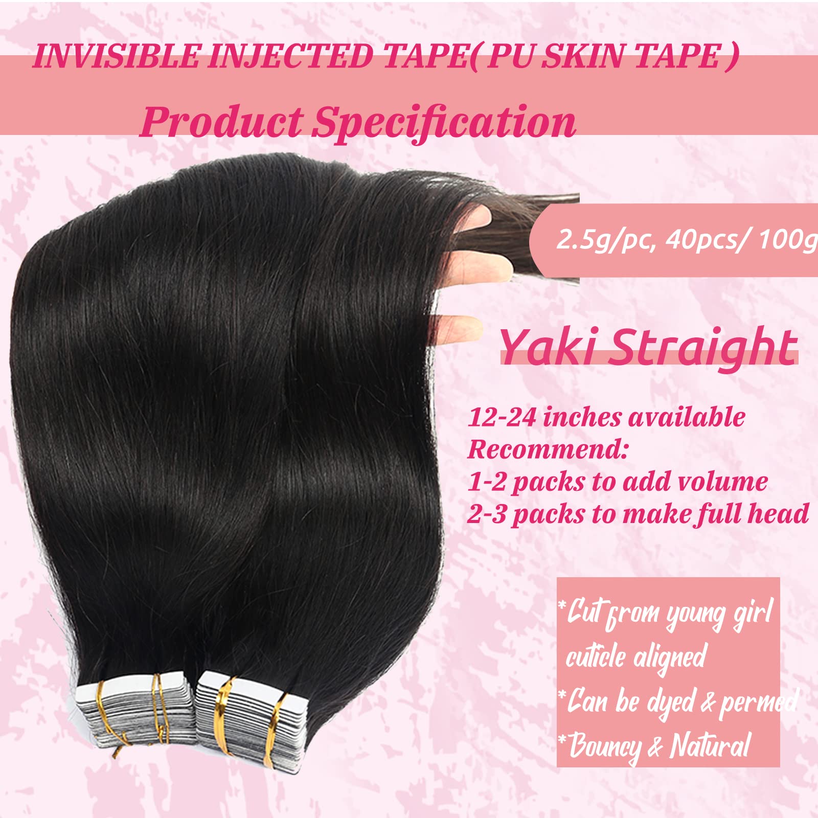 Yaki Tape In Hair Extensions Human Hair Black Yaki Straight Extensions Tape Ins 40 Pieces 100G Seamless Double Sided 100% Remy H