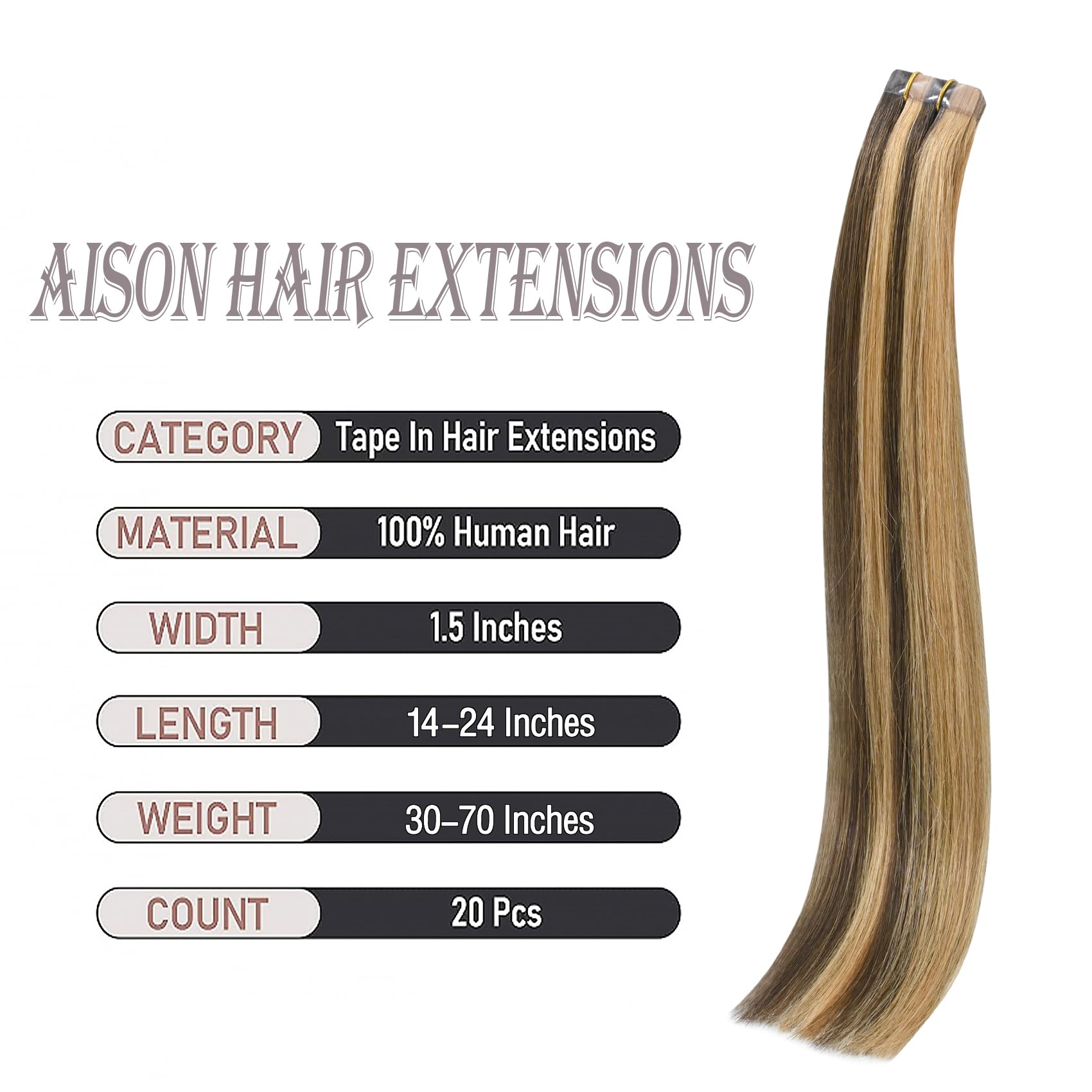 Aison Medium Brown/Dark Blonde Tape in Hair Extensions Human Hair 100% Remy Human Hair Extensions Straight 20 Pcs/Package 14Inch