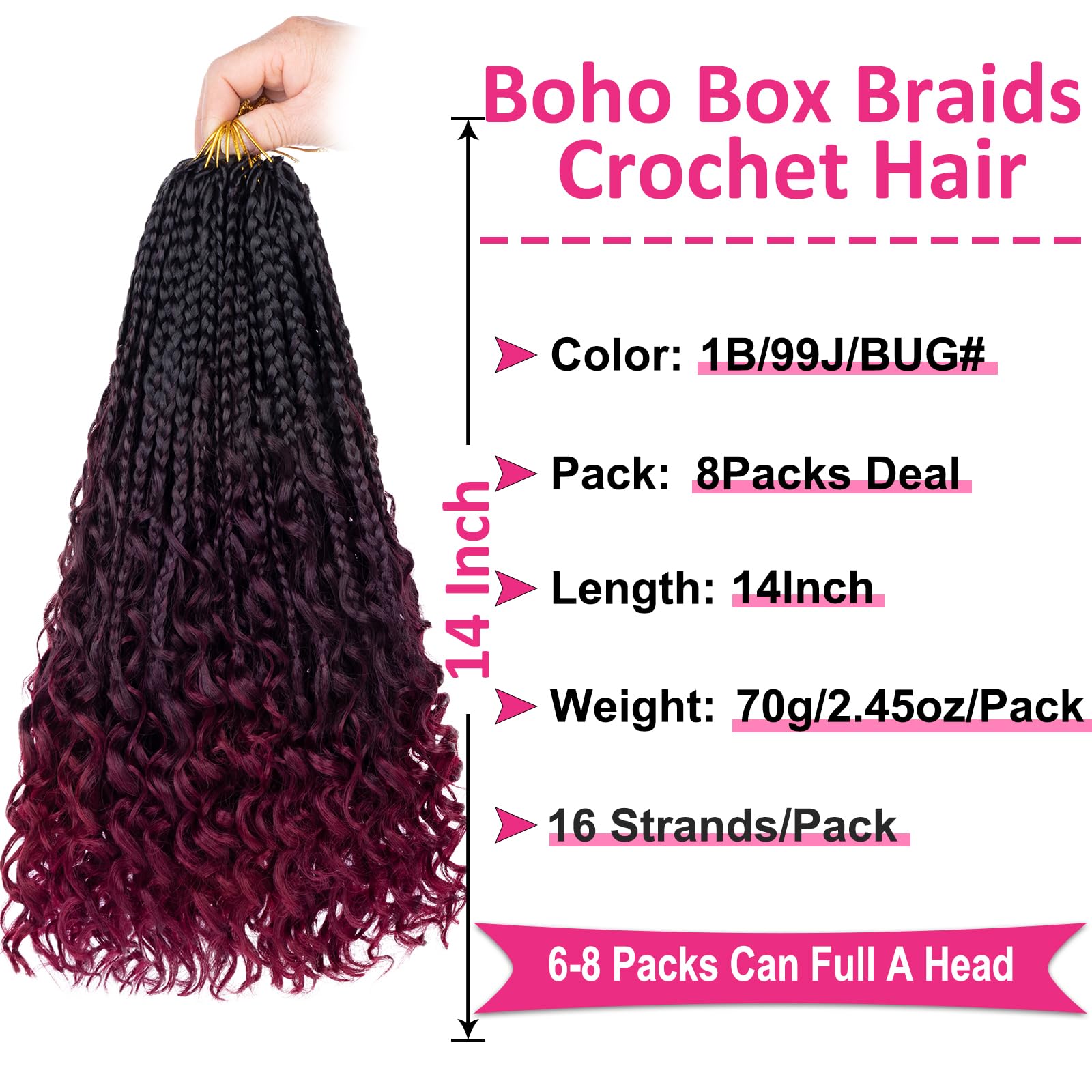 Unionbeauty 14 Inch Boho Box Braids Crochet Hair Goddess Box Braids Crochet Hair With Curly Ends 8 Packs Bohemian Box Braids Cro