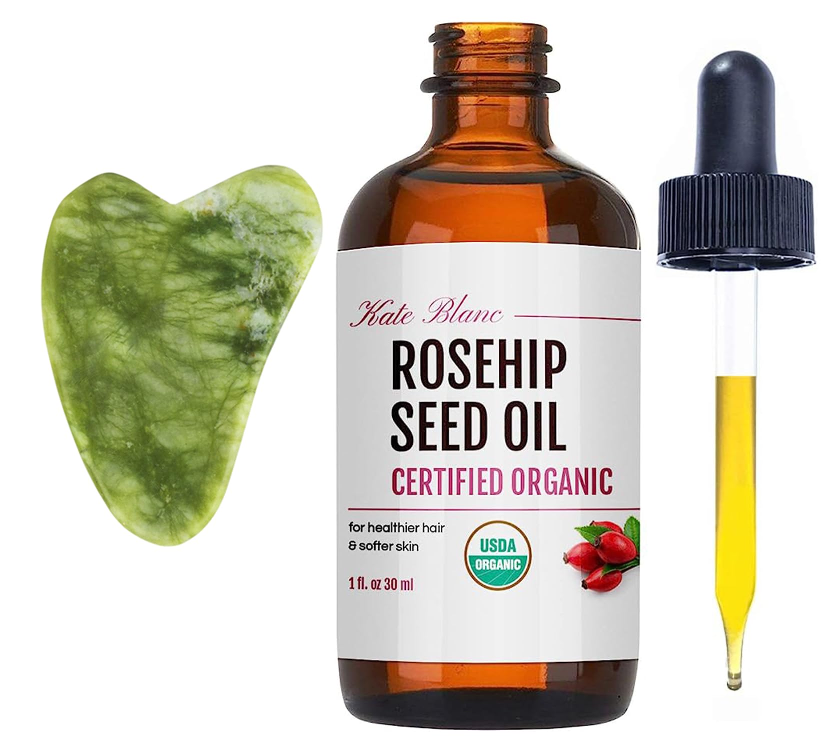Kate Blanc Cosmetics Rosehip Oil for Face with Jade Gua Sha Stone (1oz, Organic, Pure, Cold Pressed) Rosehip Seed Face Oil for G