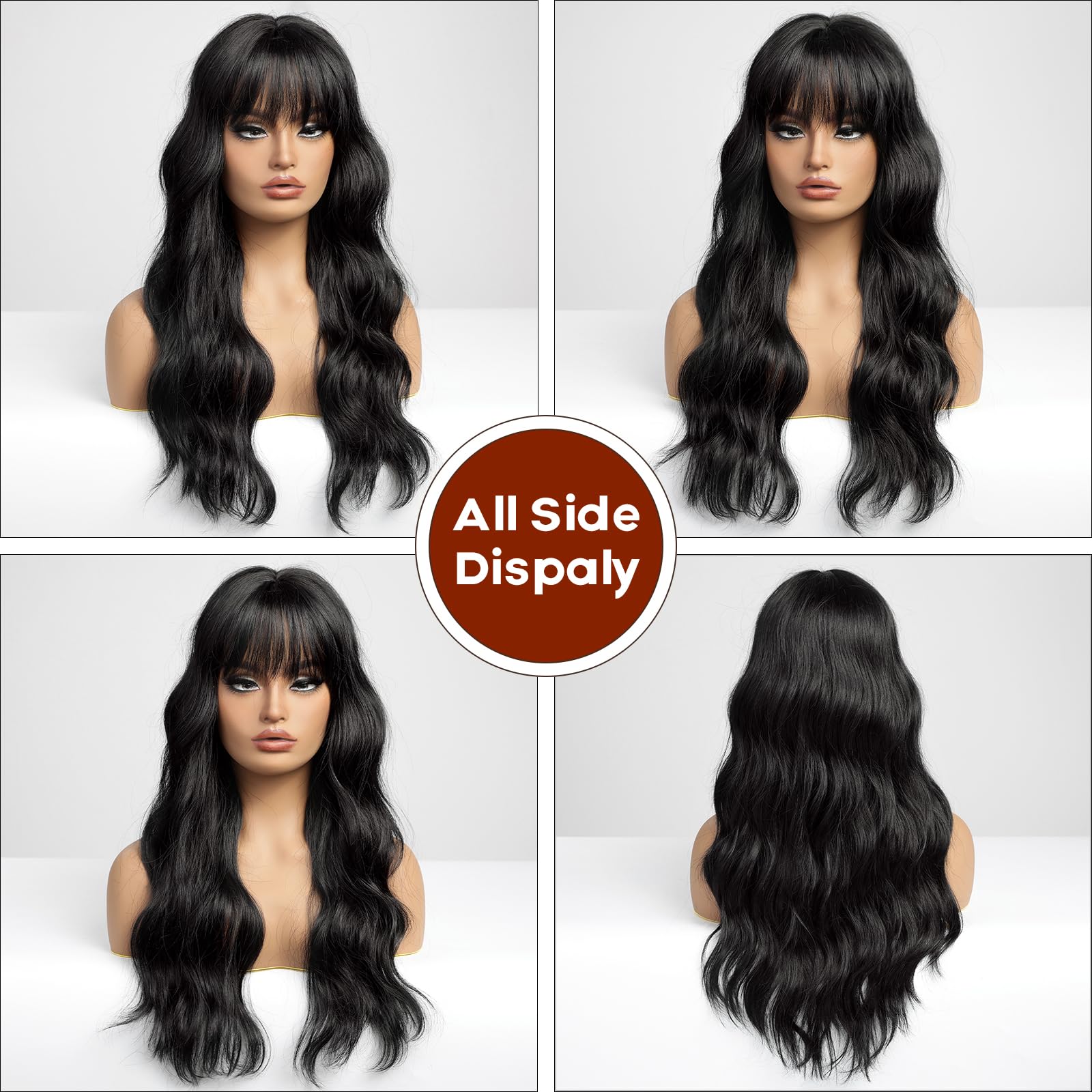 Emmor Black Wigs For Women Long Curly Wigs With Bangs Water Wavy Synthetic Wig, Party Cosplay Daily Use