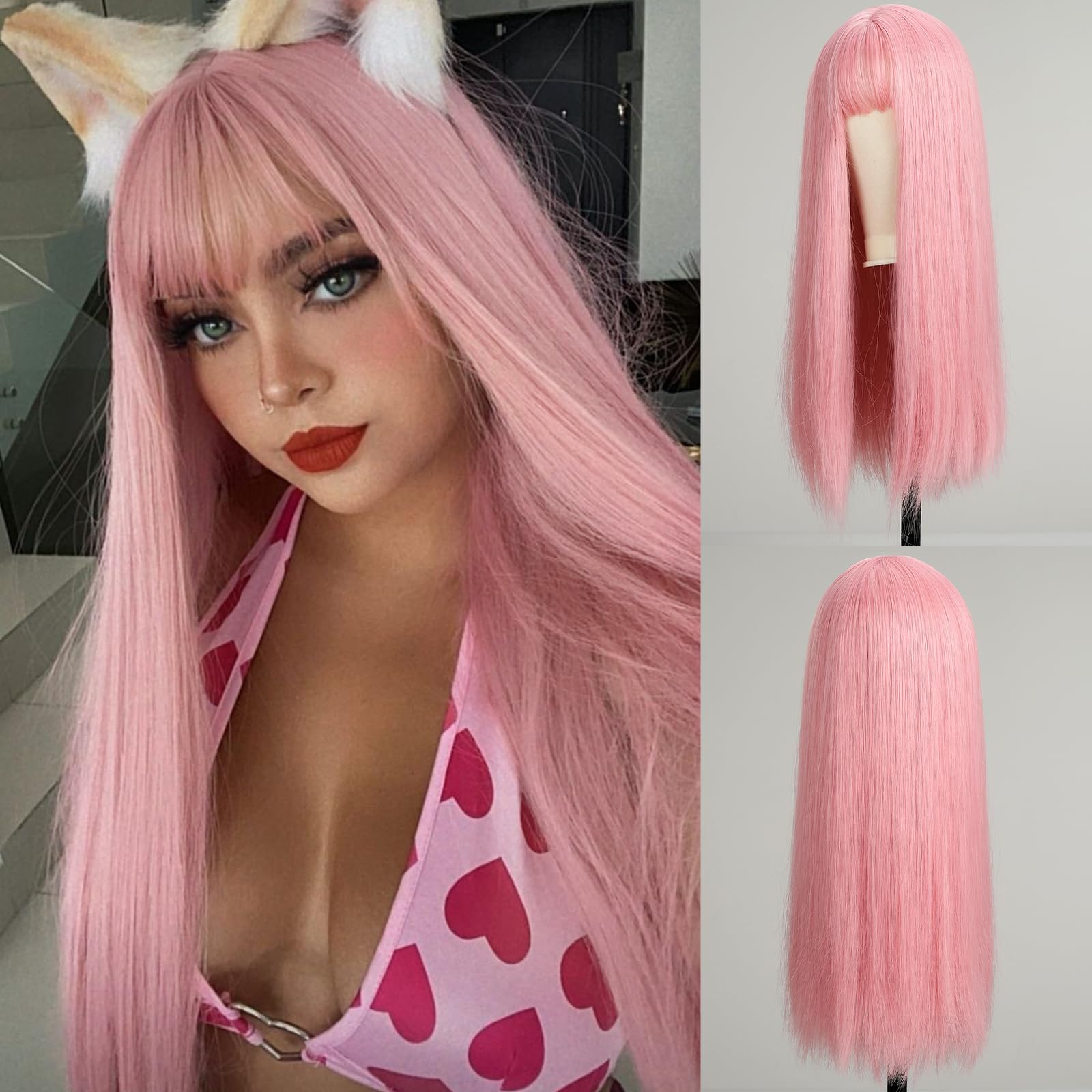EMMOR Pink Wig With Bangs For Women Long Straight Wigs Synthetic For Girls Party Halloween Cosplay And Daily Use(26'' Light Pink