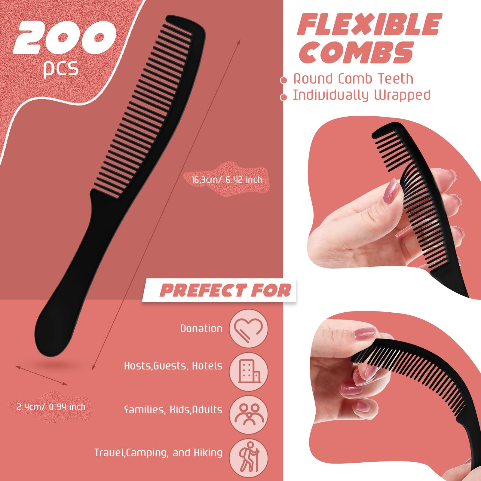 Combs Individually Wrapped, 200 Pcs Disposable Combs In Bulk Plastic Unbreakable Comb Set Long Handle Hair Combs Suitable For Fa
