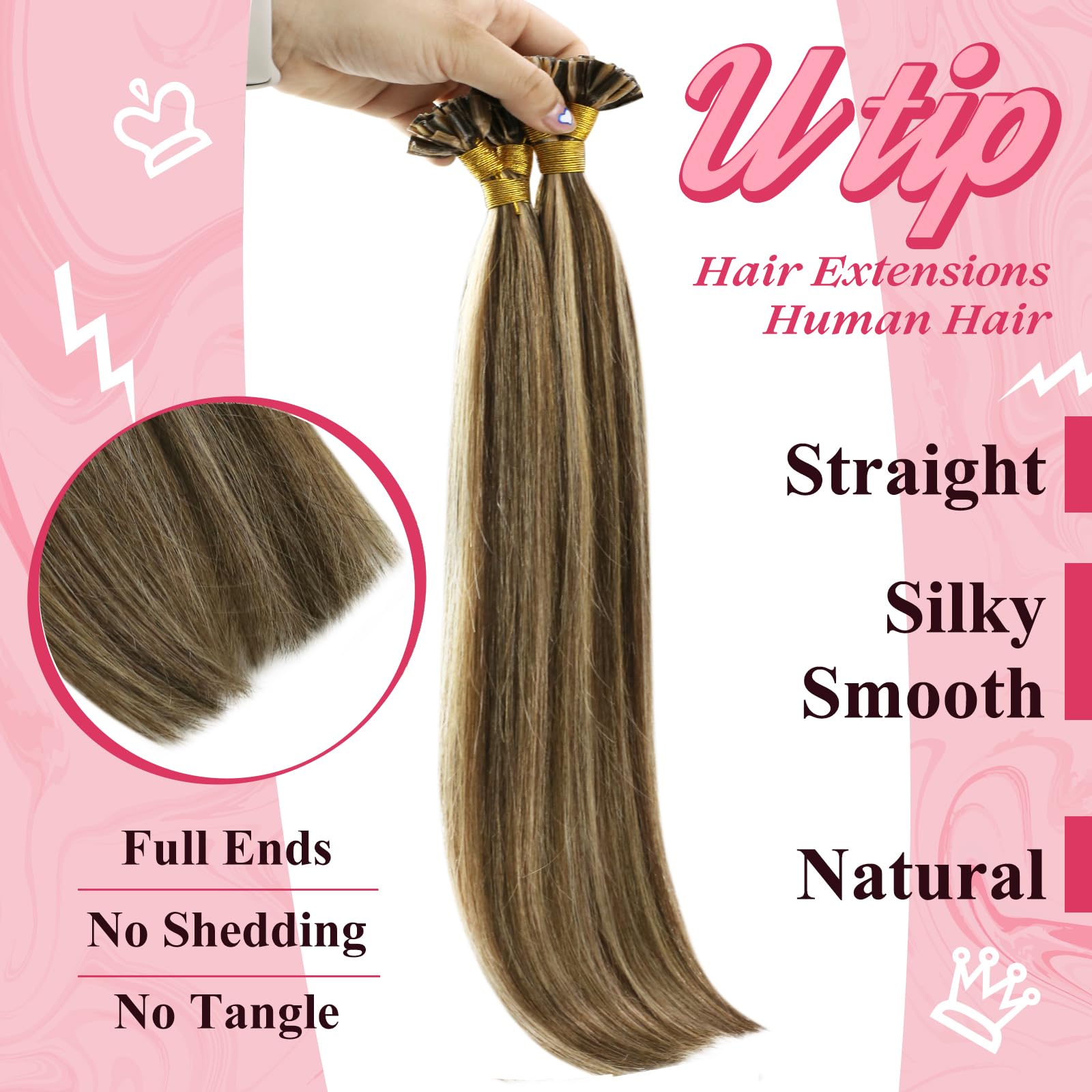 Sunny U Tip Hair Extensions Human Hair #4 Medium Brown Highlights #27 Caramel Blonde Utip Hair Extensions Straight U Tips Real H