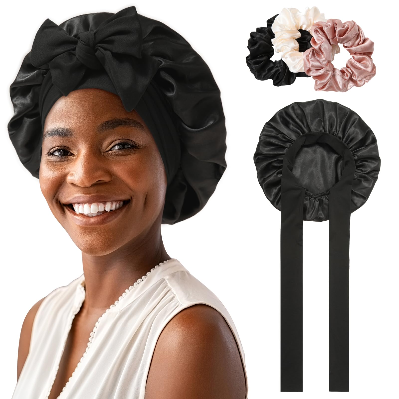 Satin Bonnet for Women Tie Band Hair Bonnet for Sleeping Large 2 Layered Silk Sleeping Cap Nightcap for Sleeping with 3PCS Hair 