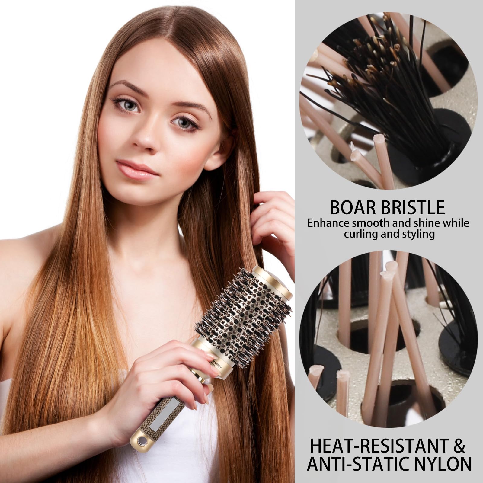 3 Pcs Boar Bristle Round Brush For Blow Drying, Nano Thermal Ceramic And Ionic Tech Hair Brush For Curling And Straightening - L