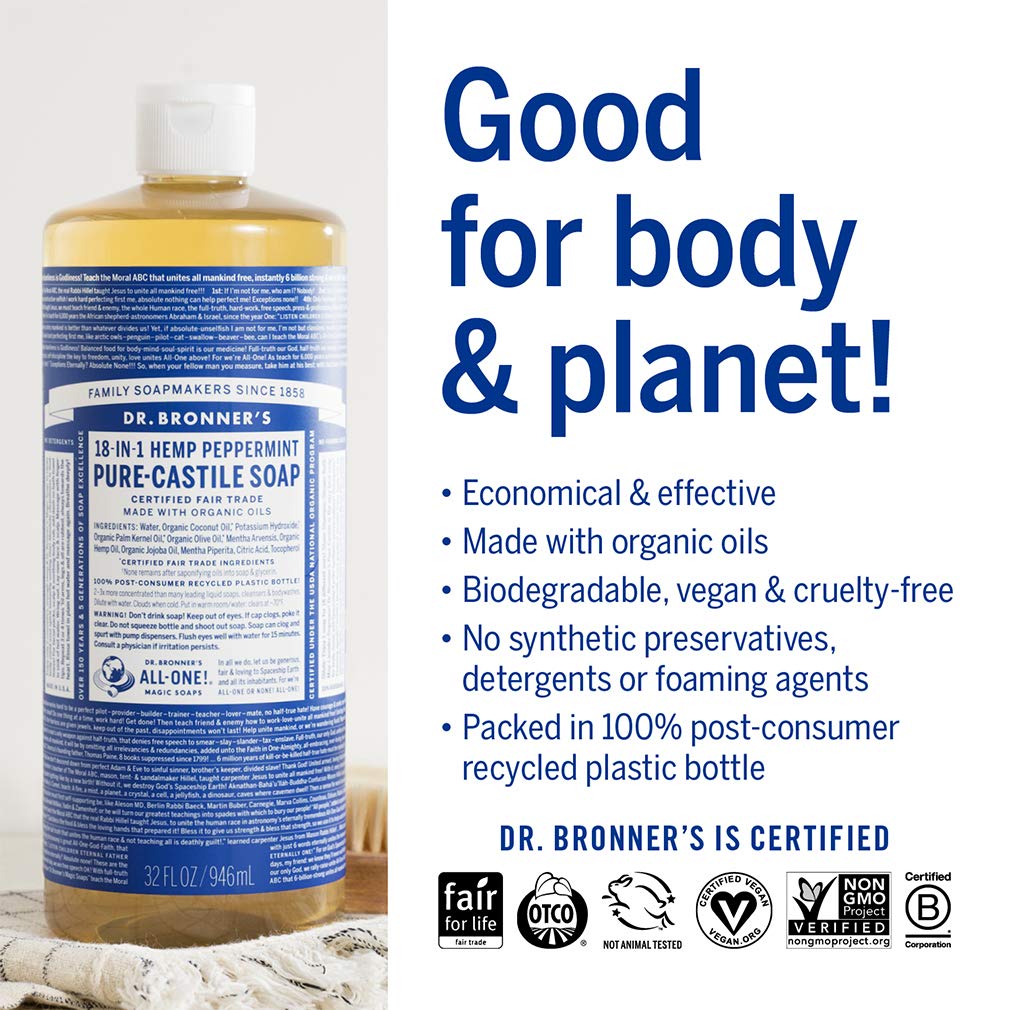 Dr. Broners- Pure-Castile Magic Liquid Soap (Peppermint 64,oz)- Made with Organic Oils- 18-in1 Uses: Hand & Body Soap, Face, Lau