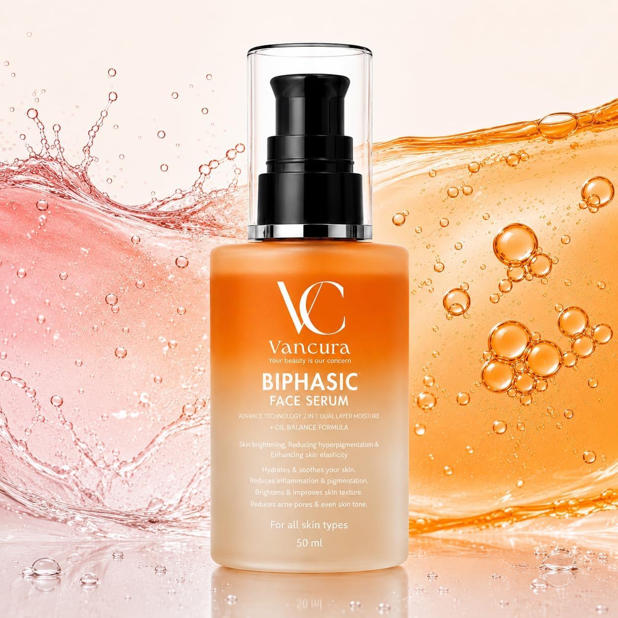 Vancura Biphasic Face Serum | Dual Layer Hydrating & Brightening Serum | With Hyaluronic Acid, Niacinamide & Vitamin E | Lightwe