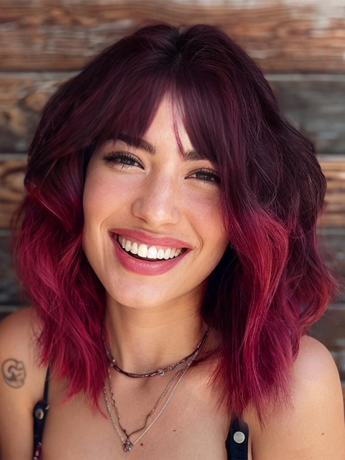 AISI HAIR Synthetic Wavy Curly Bob Wig with Bangs Ombre Dark Red Wig Short Bob Wavy Hair Wigs for Women Synthetic Heat Resistant