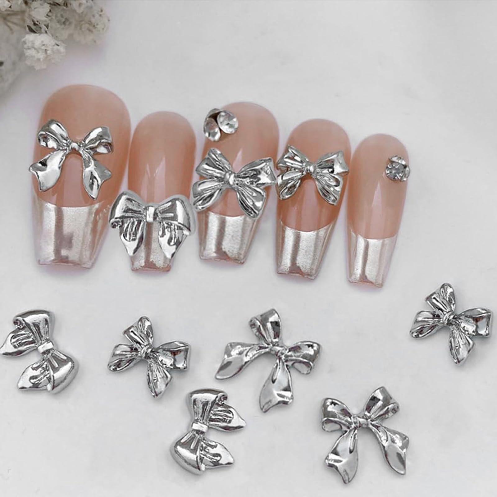 30Pcs Silver Bow Nail Charms Cute 3D Bow Alloy Nail Art Charms Kawaii Long Ribbon Bowknot Nail Designs Accessories Y2K Silver Bi