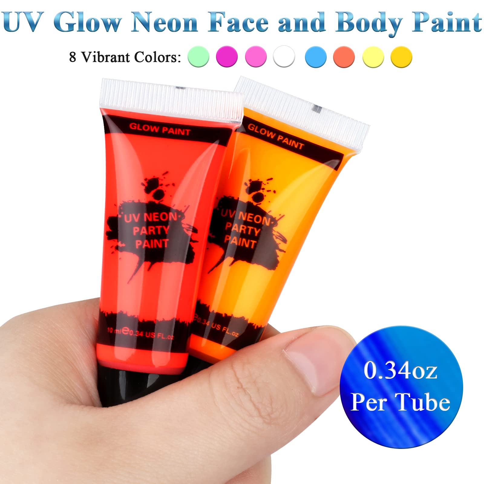 Blacklight Neon Face and Body Paint, 8 Tubes 0.34oz Glow in the Dark Body Paints, Neon Fluorescent Glow in Dark Party Supplies (