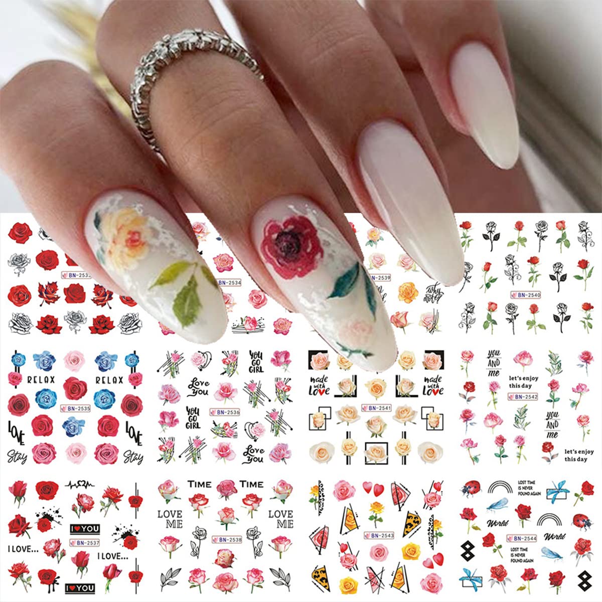 Flower Nail Stickers Rose Geometric Lines Nail Decor Water Transfer Decals Slider Love Letter Nail Foils Diy Wedding Designs Man