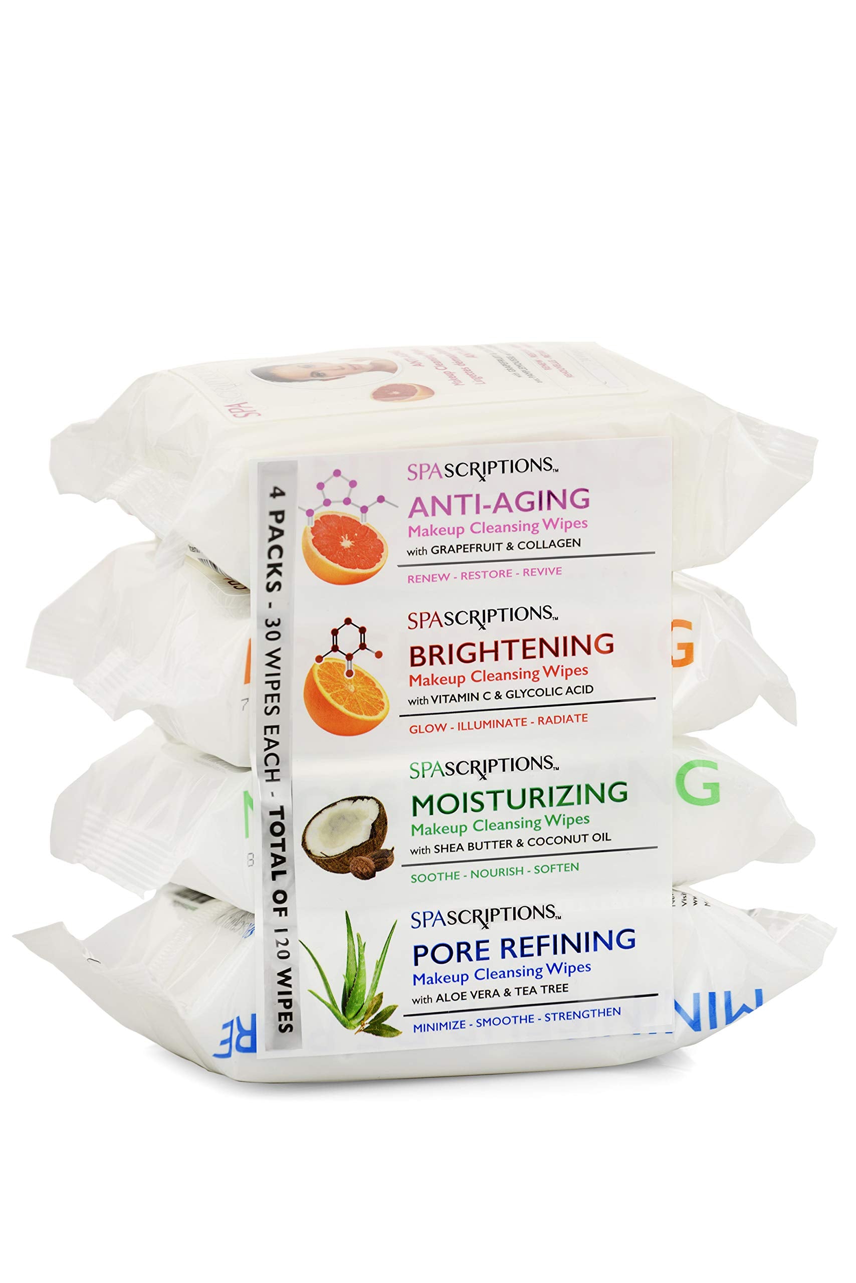 Spascriptions Makeup Cleansing Wipes 30 Ct, Variety 4 Pack, 120 Count Total