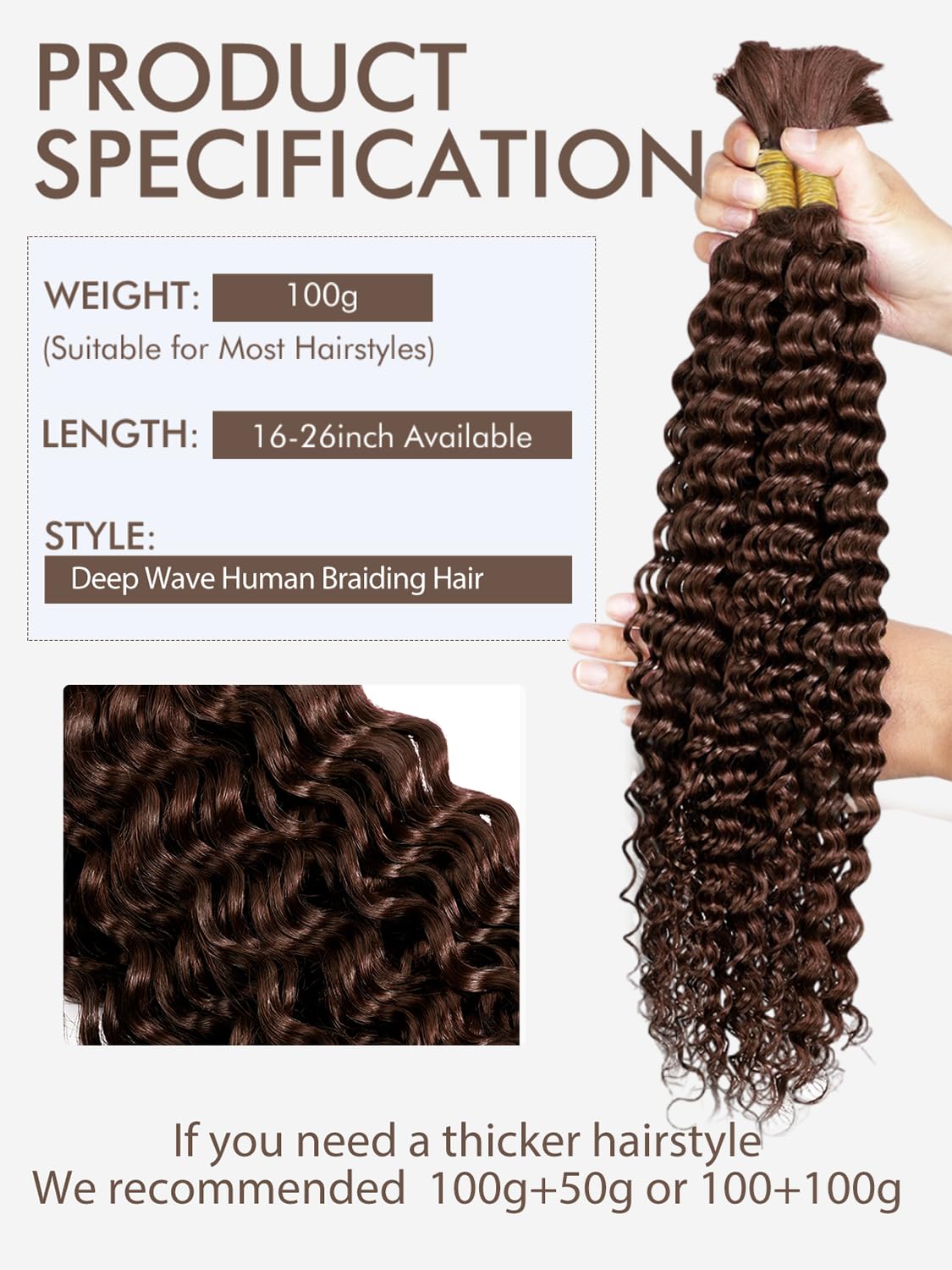 Chocolate Brown Braiding Hair 100G 20 Inch Deep Water Wave 2 Bundle Bulk Human Hair For Braiding Brazilian Virgin Curly Human Ha