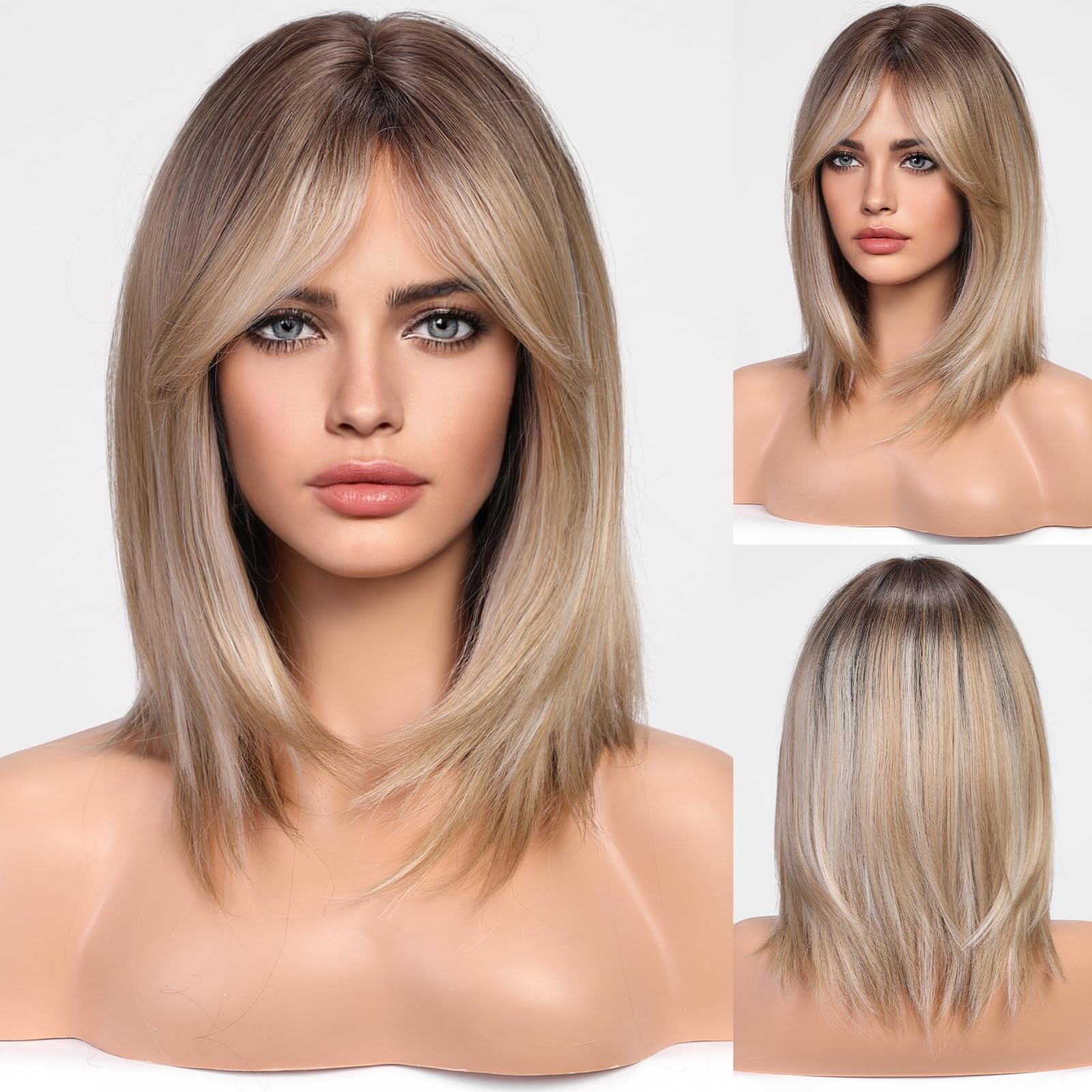 HAIRCUBE Ombre Ash Blonde Wigs for Woemn Light Blonde Straight Wig with Curtain Bangs Shoulder Length Natural Synthetic Wig for 