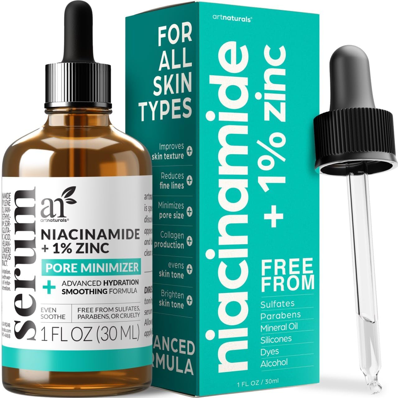 Artnaturals Niacinamide Face Serum, 10% Active Niacinamide with 1% Zinc PCA & Vitamin B3  Hyaluronic Acid, Pore Reducer, Minera