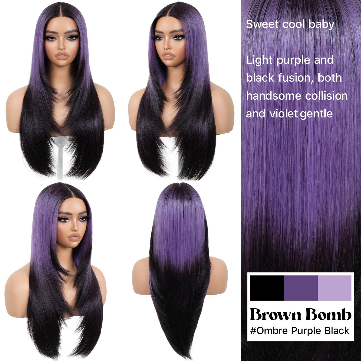 Brownbomb Ombre Purple Black Wear and Go Glueless Wigs Pre Plucked Pre Cut for Beginners Synthetic Lace Front Wigs With Bangs Lo