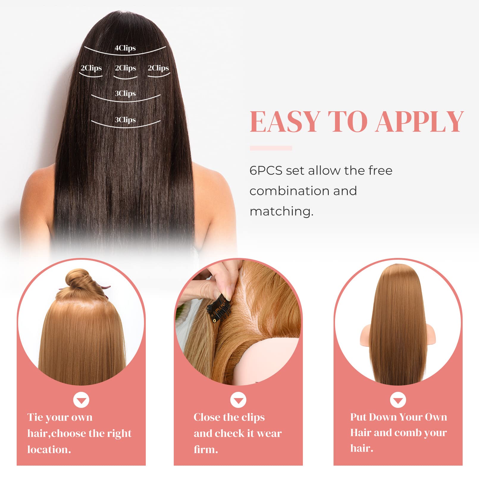 Lonai Clip In Hair Extensions, 6Pcs 24'' Long Black Brown With Highlight Straight Synthetic Clip On Hairpiece For Women Natural
