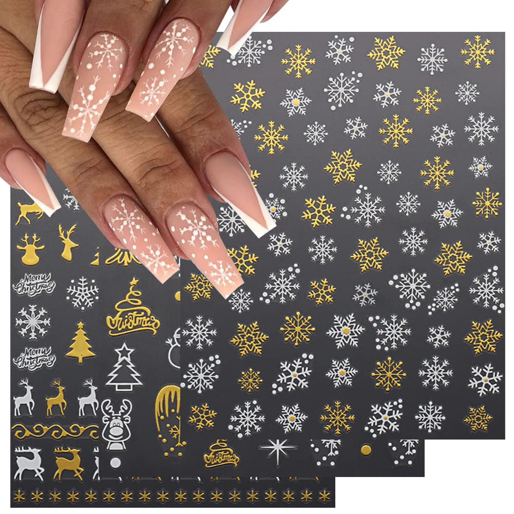 8 Sheets Christmas Nail Stickers 3D Snowflake Nail Art Supplies Santa Claus Snowflakes Tree Elk Nail Decals Gold Silver White De