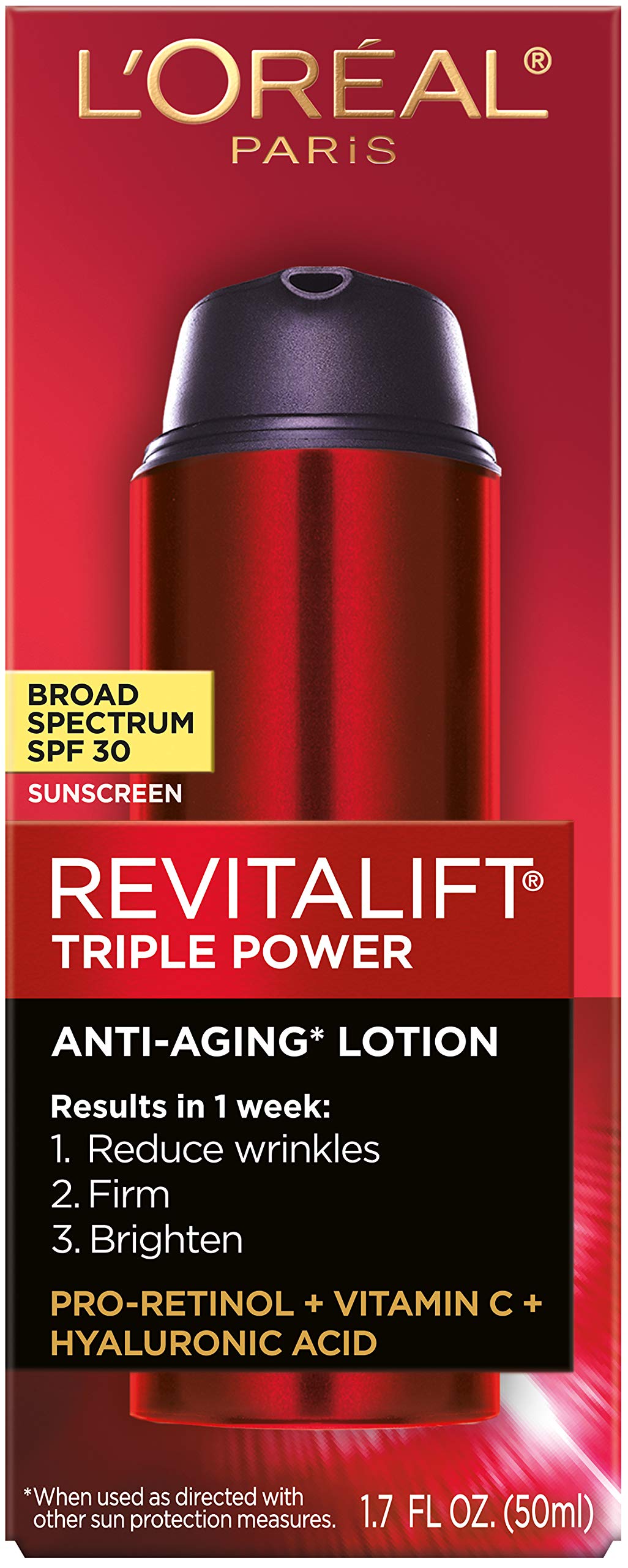 L'Oreal Paris Revitalift Triple Power Anti-Aging Broad Spectrum SPF 30 Sunscreen, Pro Retinol, Hyaluronic Acid & Vitamin C Lotio