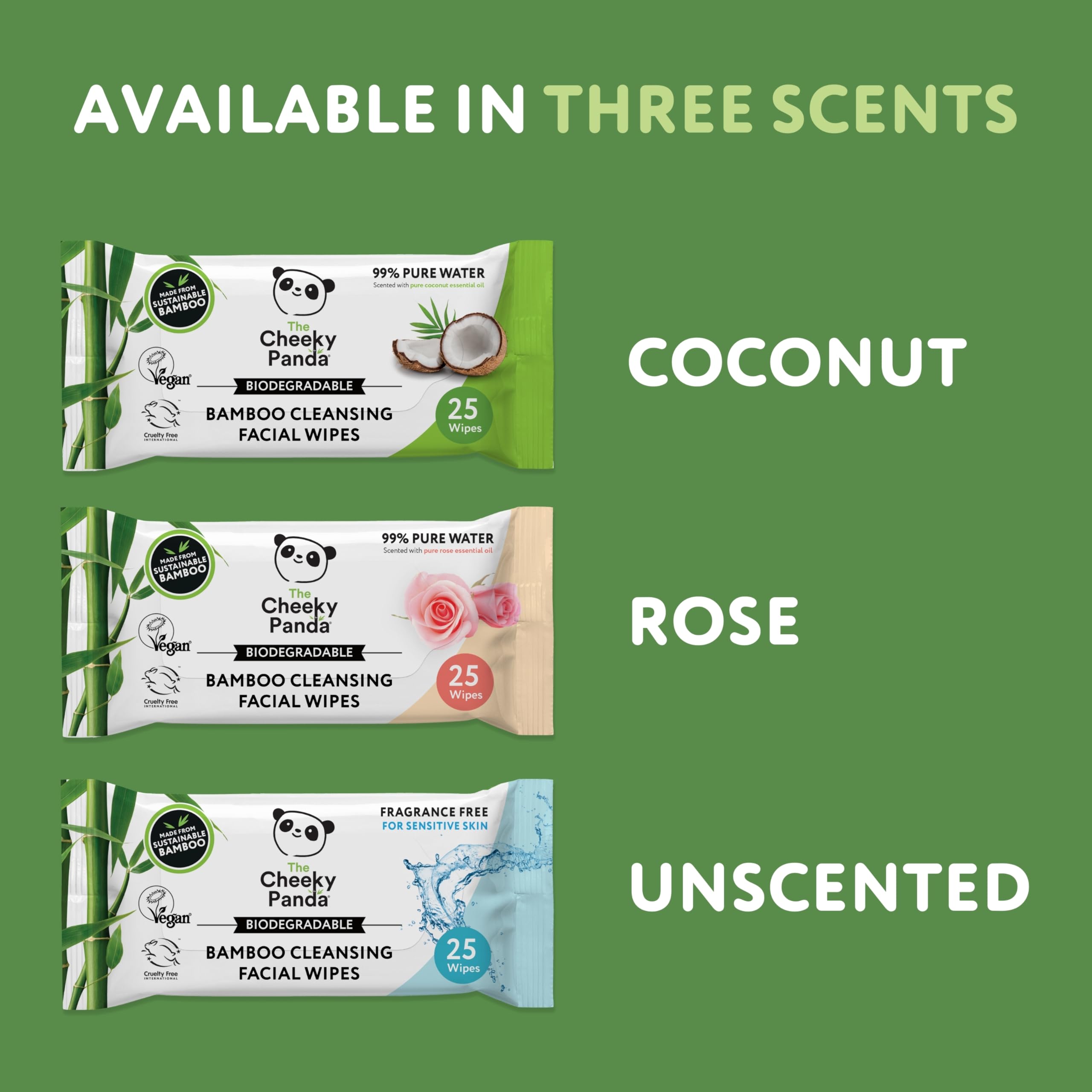 The Cheeky Panda Bamboo Face Cleanser Makeup Remover Wipes Rose Scented | 6 Packs of 25 Face Wipes | 99% Purified Water Wipes |