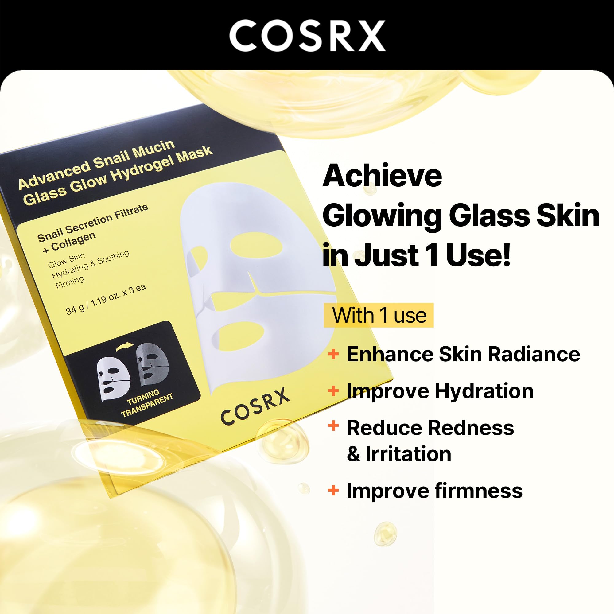 Cosrx Advanced Snail Mucin Glass Glow Hydrogel Face Masks Skincare 3 Ea, Collagen Face Mask, Travel Essentials, Stocking Stuffer