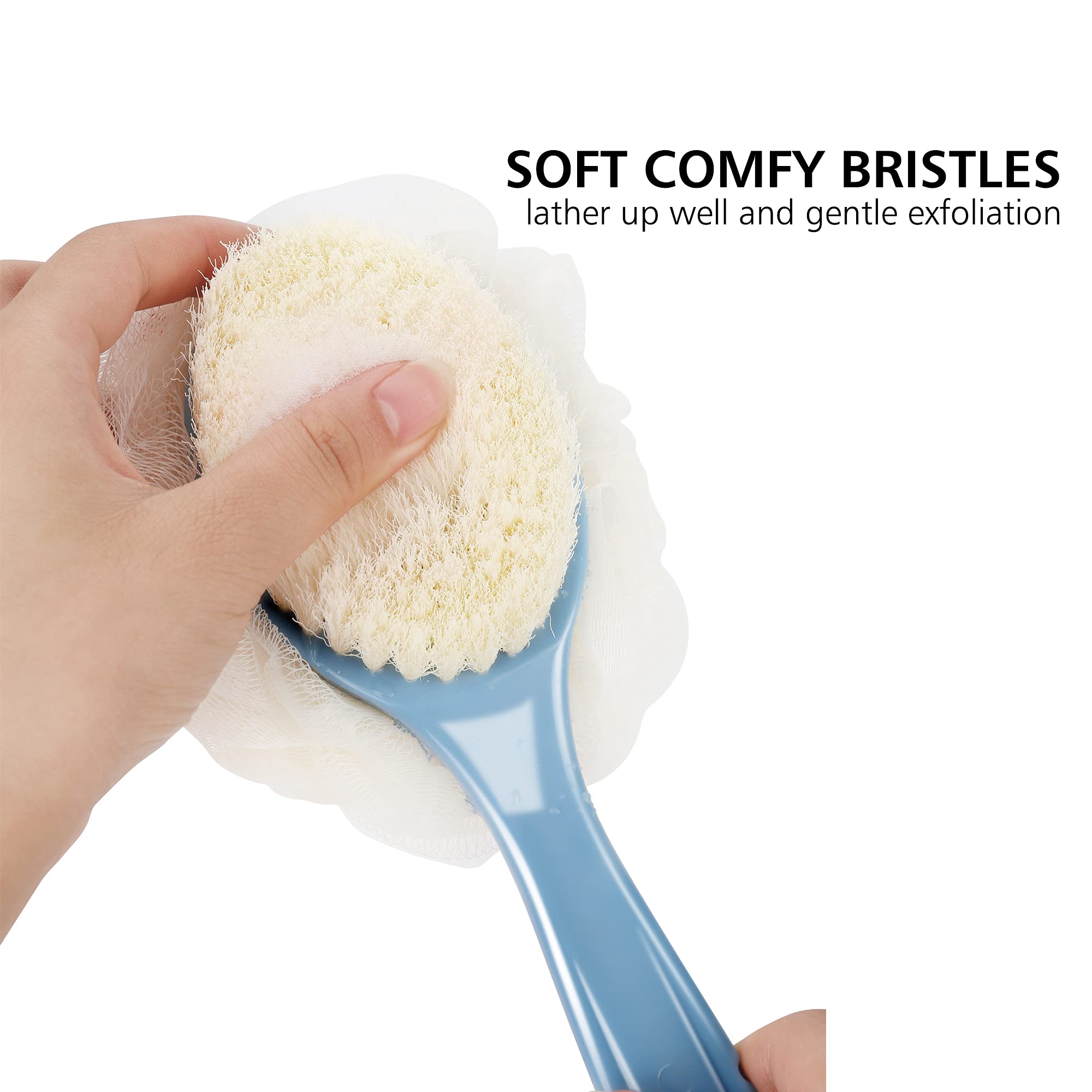 Shower Body Brush With Bristles And Loofah,Back Scrubber Bath Mesh Sponge With Curved Long Handle For Skin Exfoliating Bath, Mas