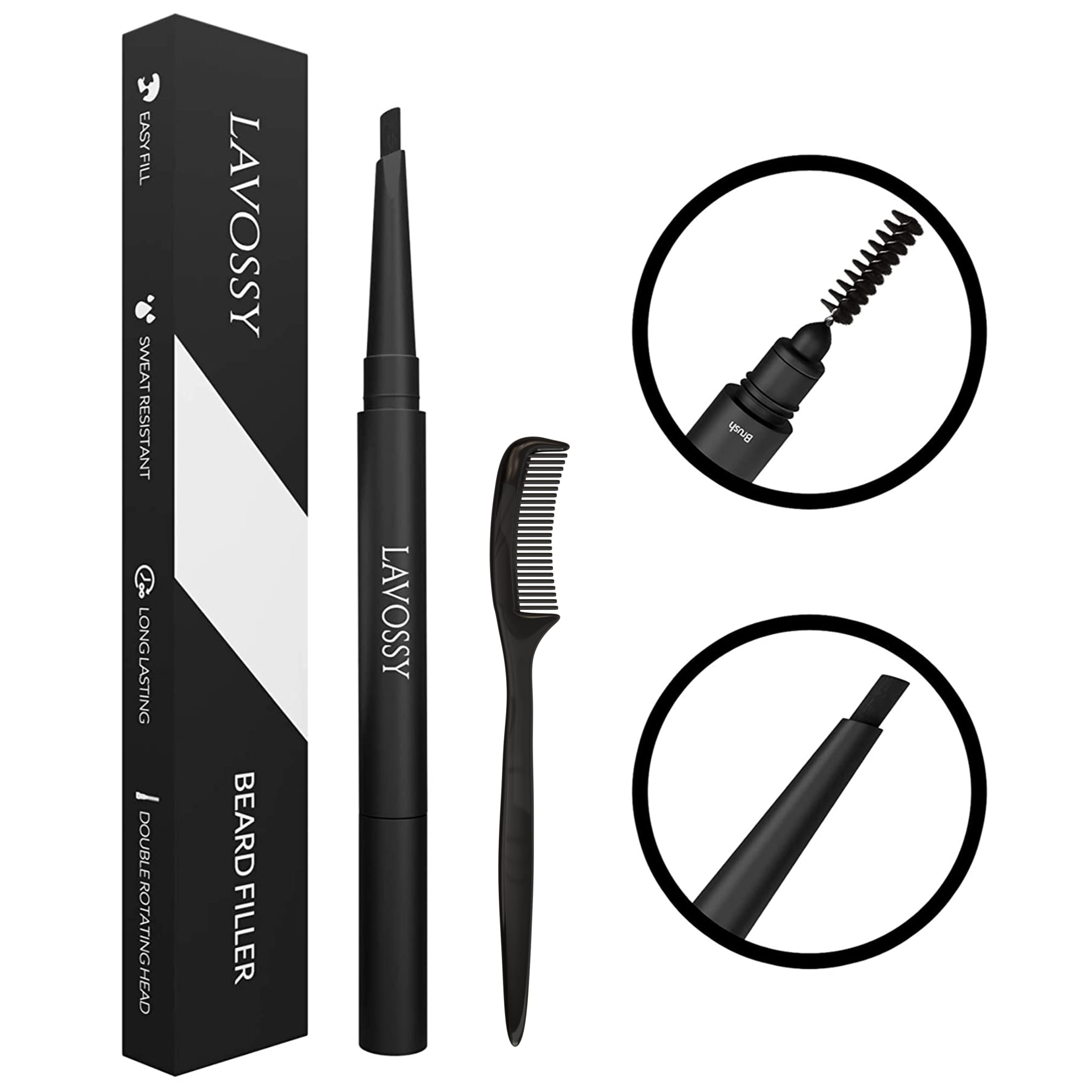 Lavossy Beard Pencil - Dark Brown - Long Lasting And Easy To Use Beard Pen With Blending Brush For Sleek & Natural Look, Water/S