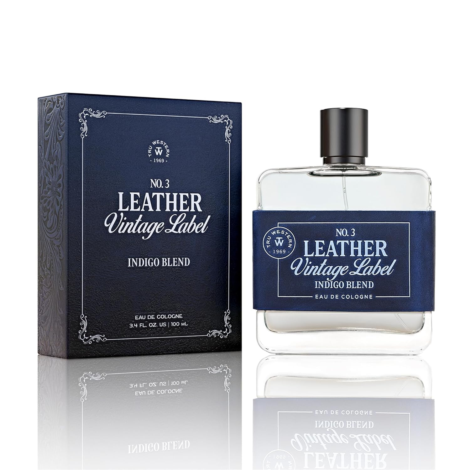 Leather No. 3 by Tru Western, Vintage Label Indigo Blend, 3.4 fl oz (100 ml), with Notes of Velvety Citrus, Blue Vetiver, Wild L