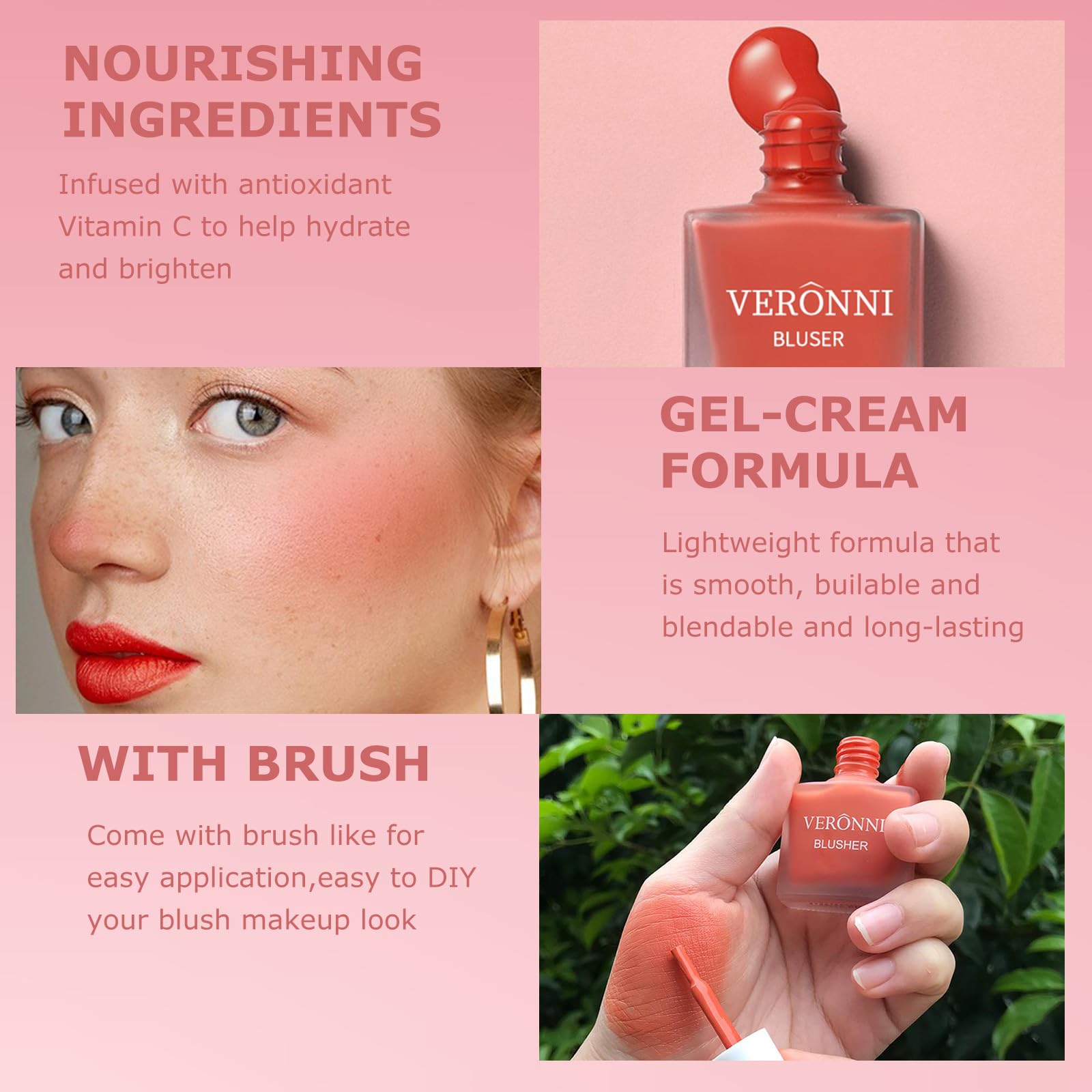 Veronni Liquid Blush -Fruit Juice Liquid Blusher,Vegan Face Blush Waterproof Long Lasting Blushes,Cruelty-Free With Shimmery Fin