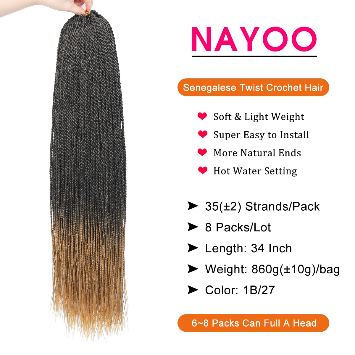 Nayoo Long Crochet Hair Senegalese Twist, 34 Inch 8 Packs Small Crochet Hair For Black Women, 35 Strands/Pack Crochet Braids Hai
