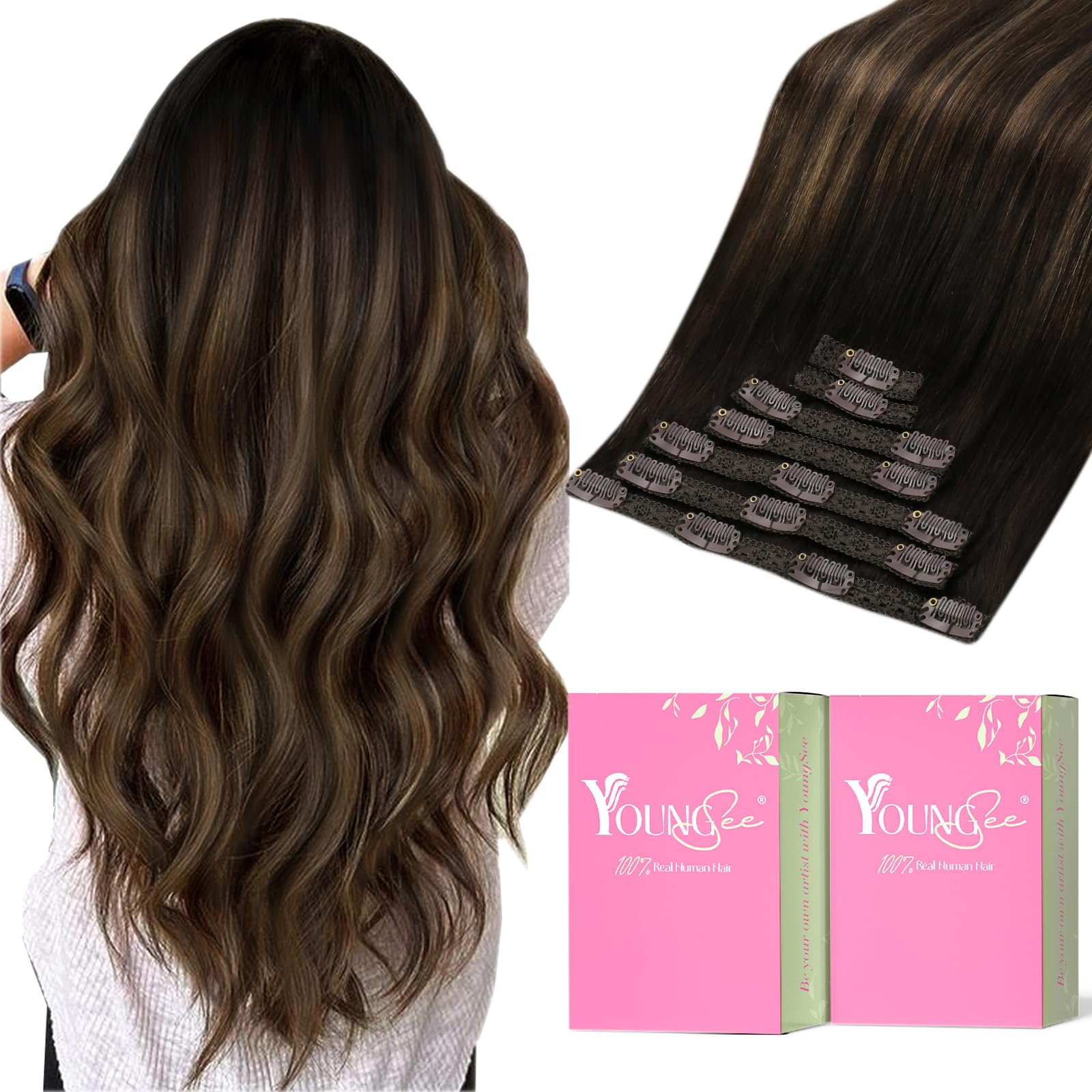YoungSee Clip in Human Hair Extensions Brown Balayage Clip in Extensions Dark Brown Mix Medium Brown Highlights Brown Balayage C