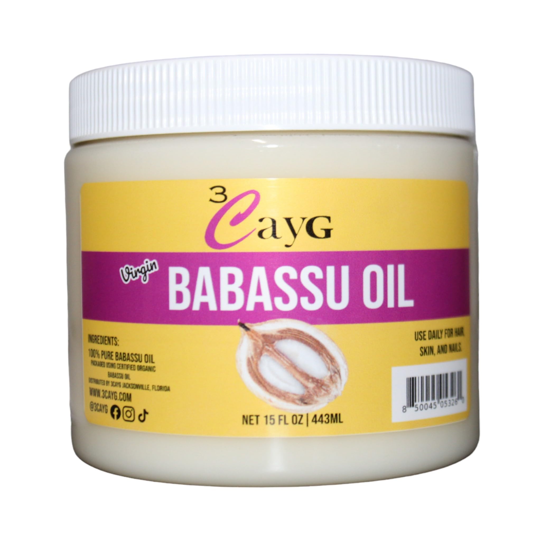 3CAYG Virgin Unrefined Babassu Oil, Cold Pressed, For Strenthening and Conditioning Hair and Skin 15 fl oz (Pack of 1)