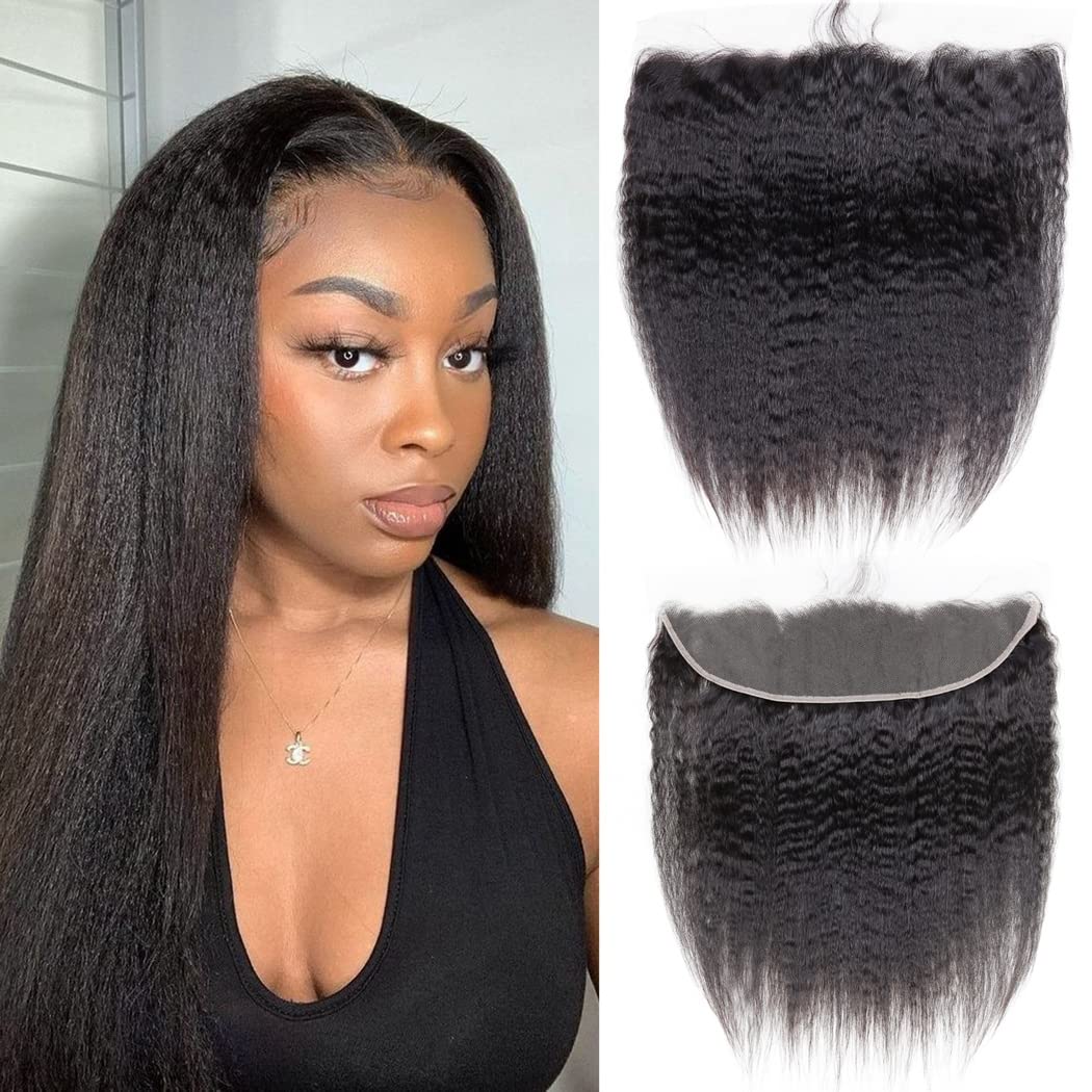 Odir 13x4 Lace Closure Frontal 180% Density Kinky Straight Brazilian Human Hair 14 Inch Unprocessed 9A Yaki Straight Virgin Hair