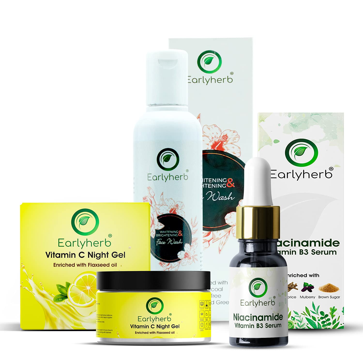Earlyherb Combo Of Whitening & Brightening Charcoal Face Wash 100Ml, Vitamin C Night Gel 50G, 10% Niacinamide Face Serum 18Ml | 