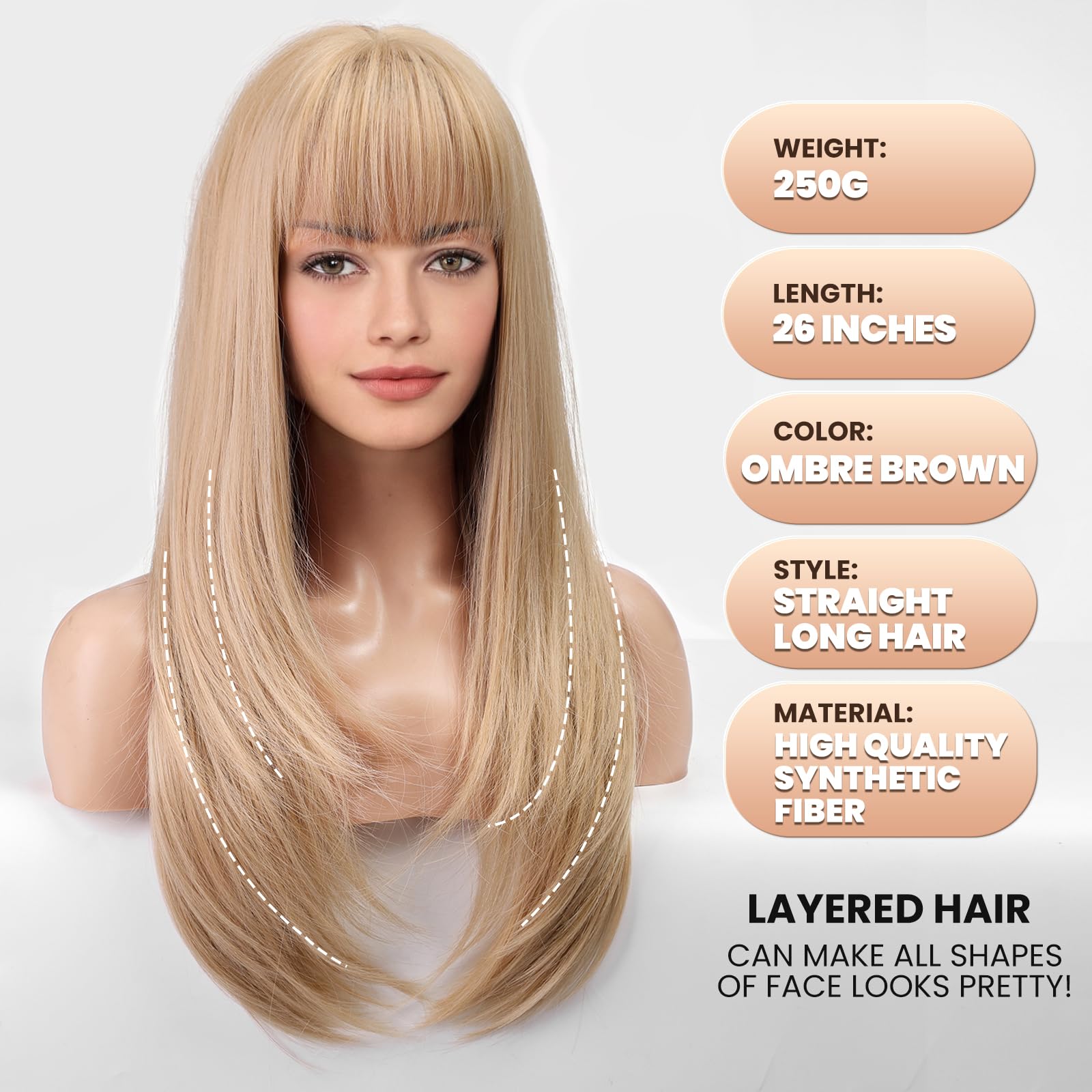 Emmor 613 Blonde Wig With Bangs For Women Long Straight Wigs Synthetic Layered Hairstyle For Girls Party Cosplay And Daily Use(2