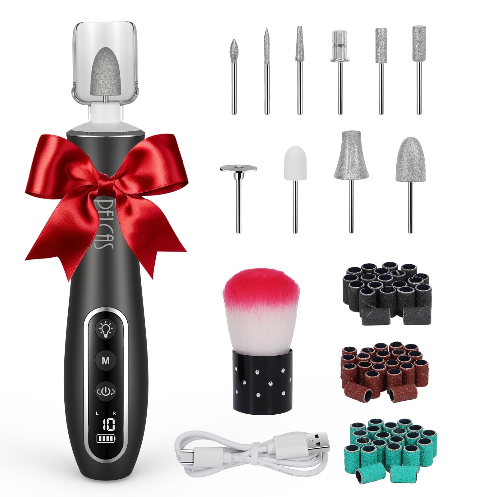 PELCAS Electric Nail Drills, Professional Cordless Nail File Kit with Light, 10 Speeds Manicure & Pedicure Kit for Human, Pet, T