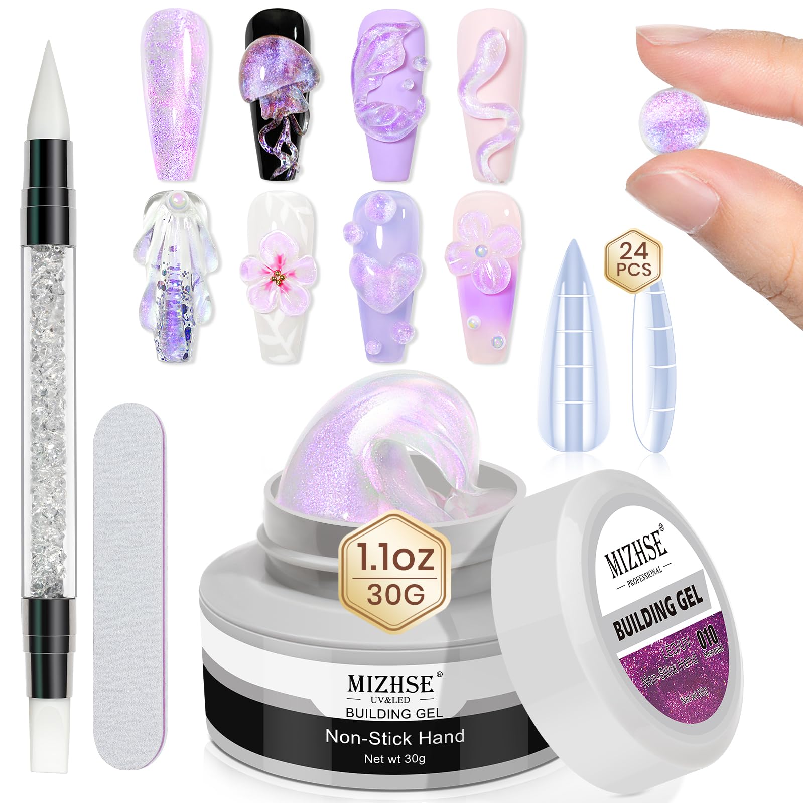 MIZHSE Solid Builder Gel for Nails - 30g/1oz Purple Mermaid Hard Gel for Nails 3D Nail Gel with Nail Forms 3D Sculpting Pen Soak