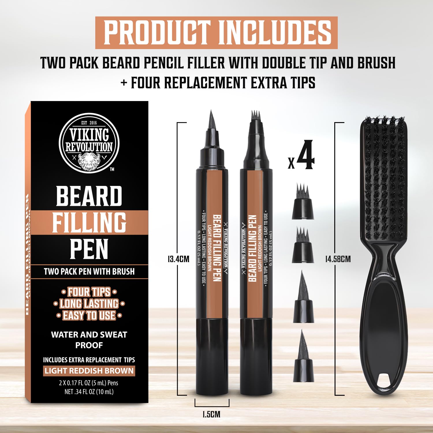 Viking Revolution Beard Pen (2 Pack) - Light Reddish Brown Beard Pencil Filler For Men - Beard Filler For Men Waterproof Beard F