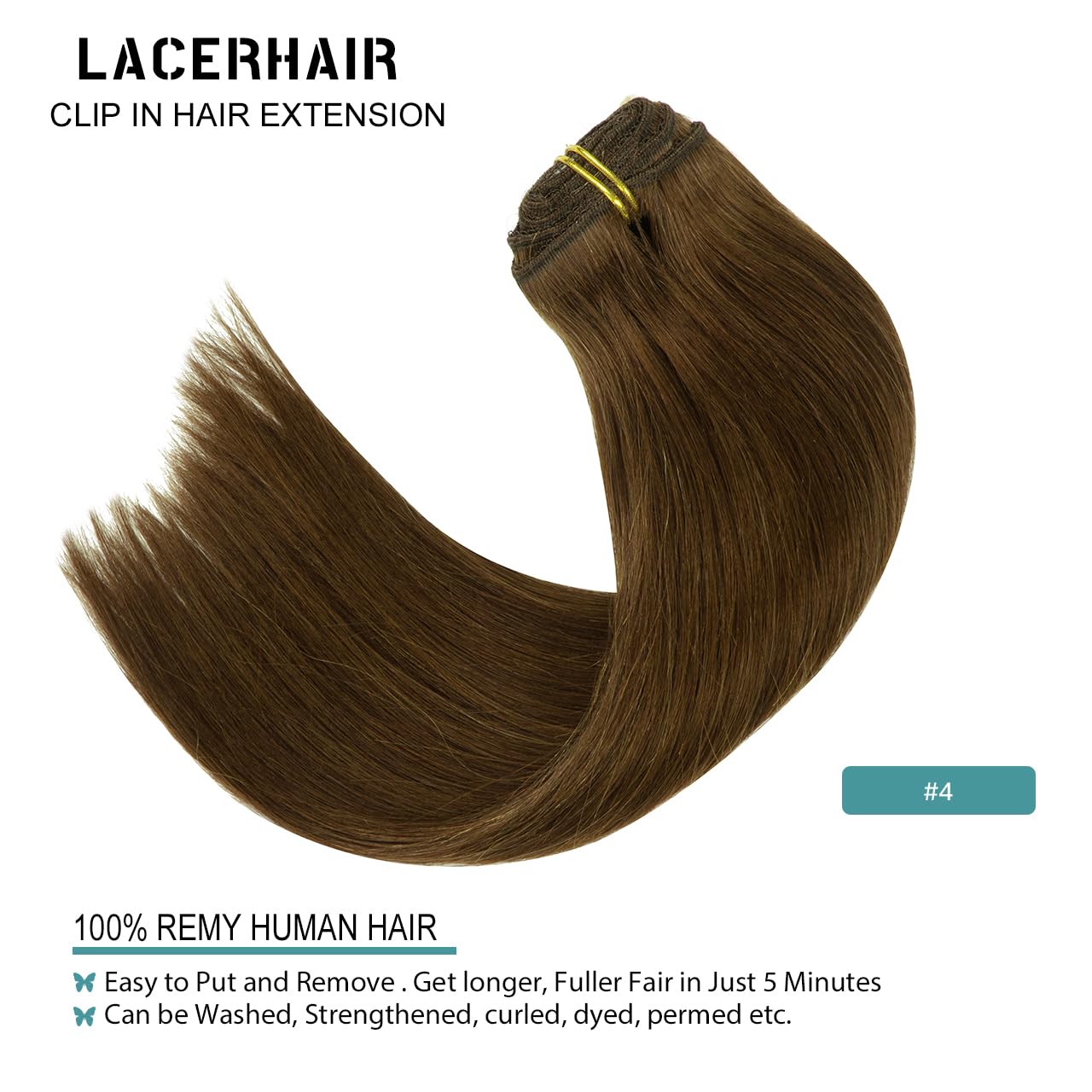 Lacer Hair Extensions Clip In Human Hair 22 Inch Chocolate Brown #4 Double Weft 7Pieces 140G Silky Straight Natural Hair Lace Cl