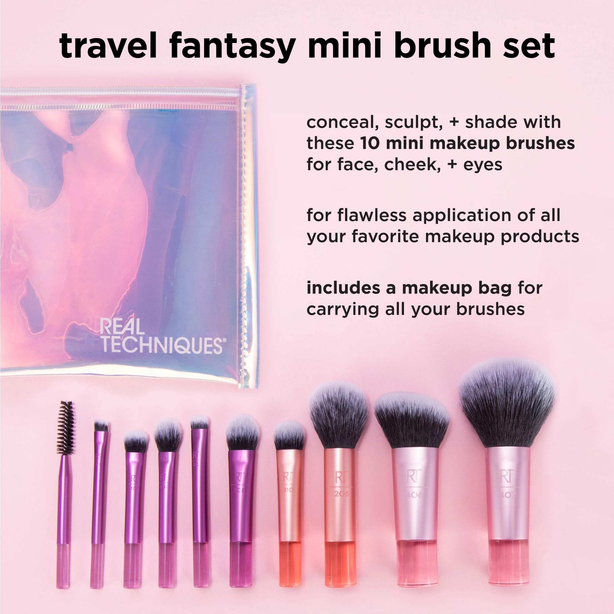 Real Technique Travel Fantasy Mini Brush Kit, Makeup Brushes For Eyeshadow, Highlight, Contour, Powder, & Concealer, Mini Sized