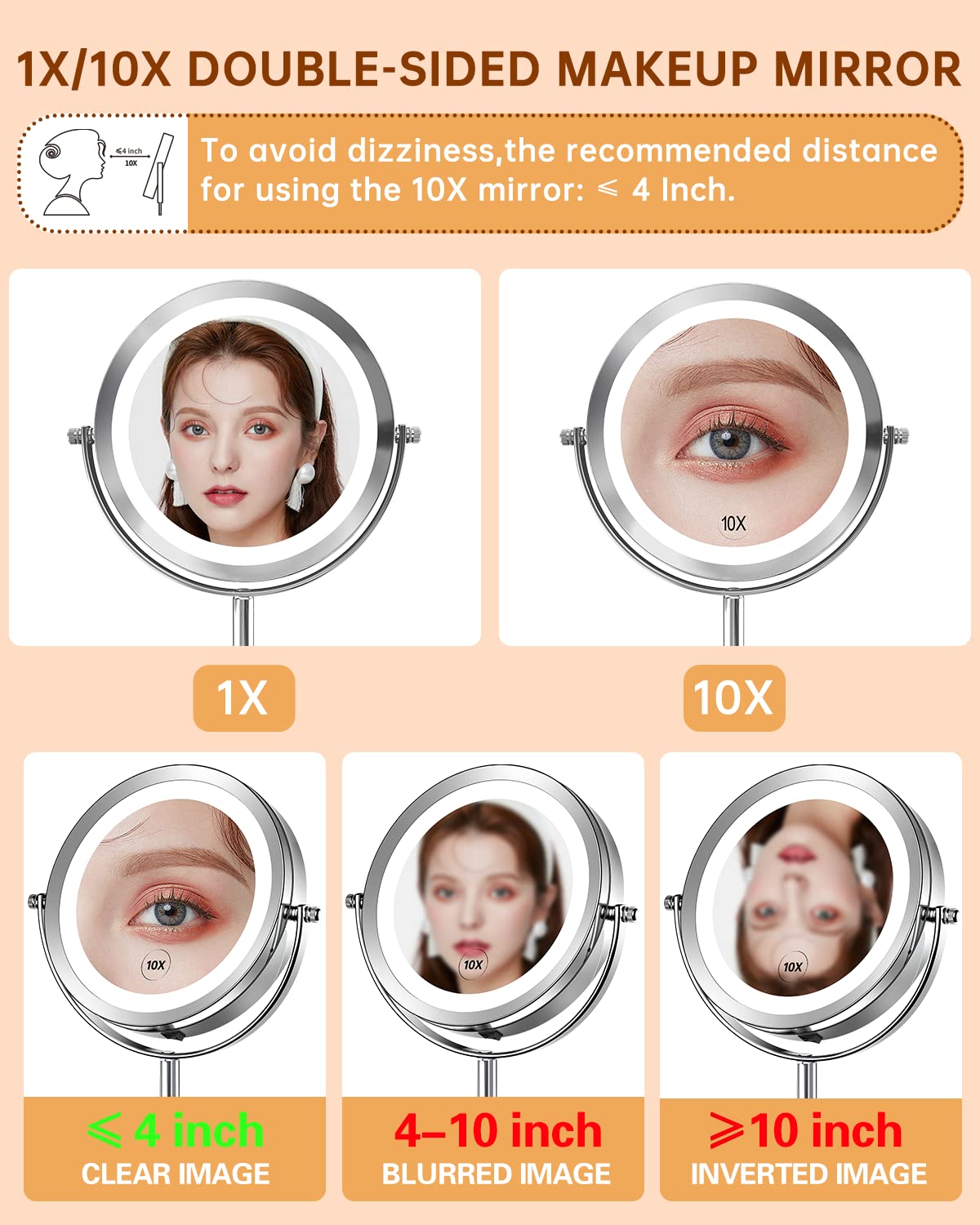 1X/10x Magnified Lighted Makeup Mirror Double Sided Round Magnifying Mirror Standing 360 Degree Swivel Vanity Mirror Battery Ope