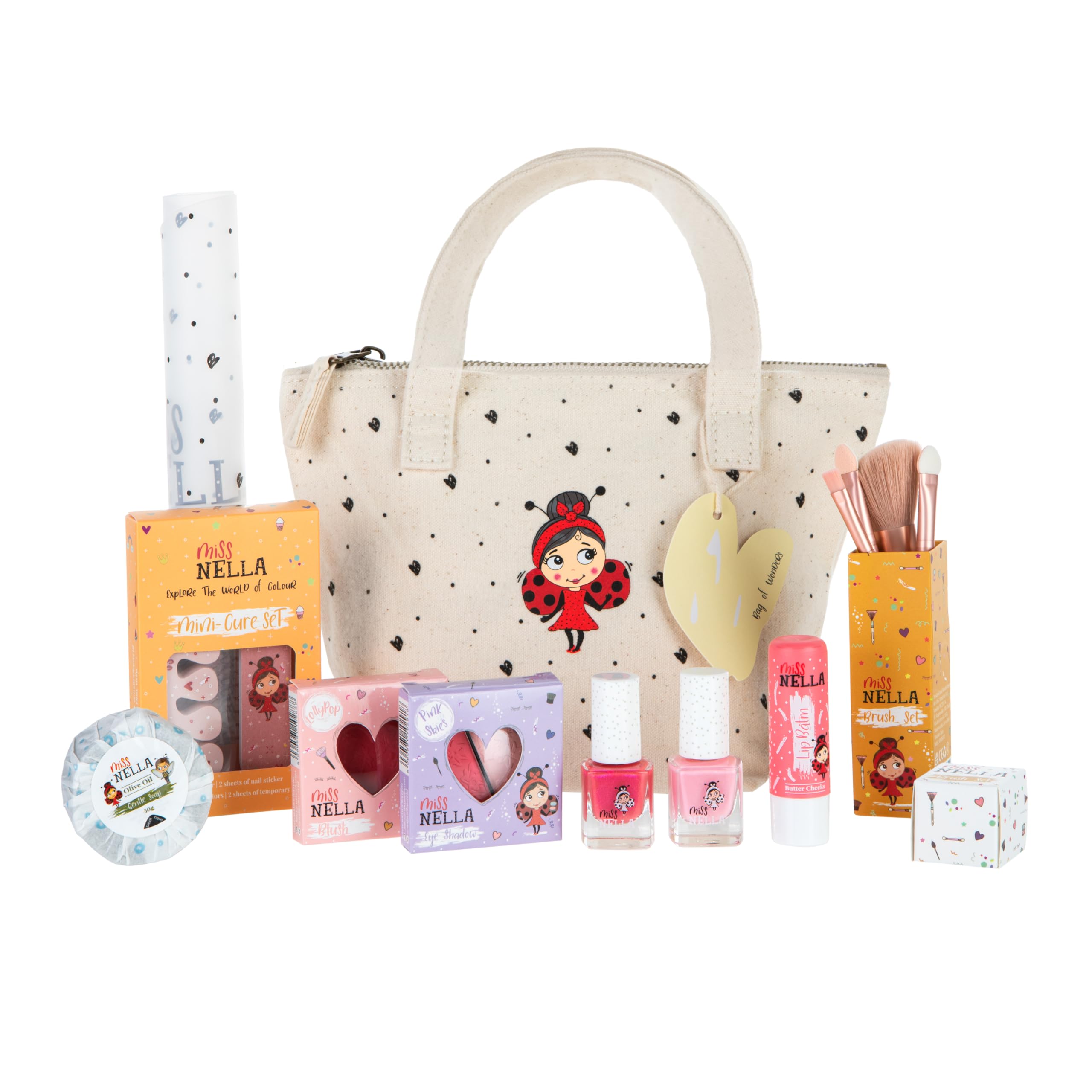 MISS NELLA Kids Bag of Wonders, Makeup & Nail Polish Set Safe and Fun Gift - Hypoallergenic, Dermatologically Tested Kid-Friendl