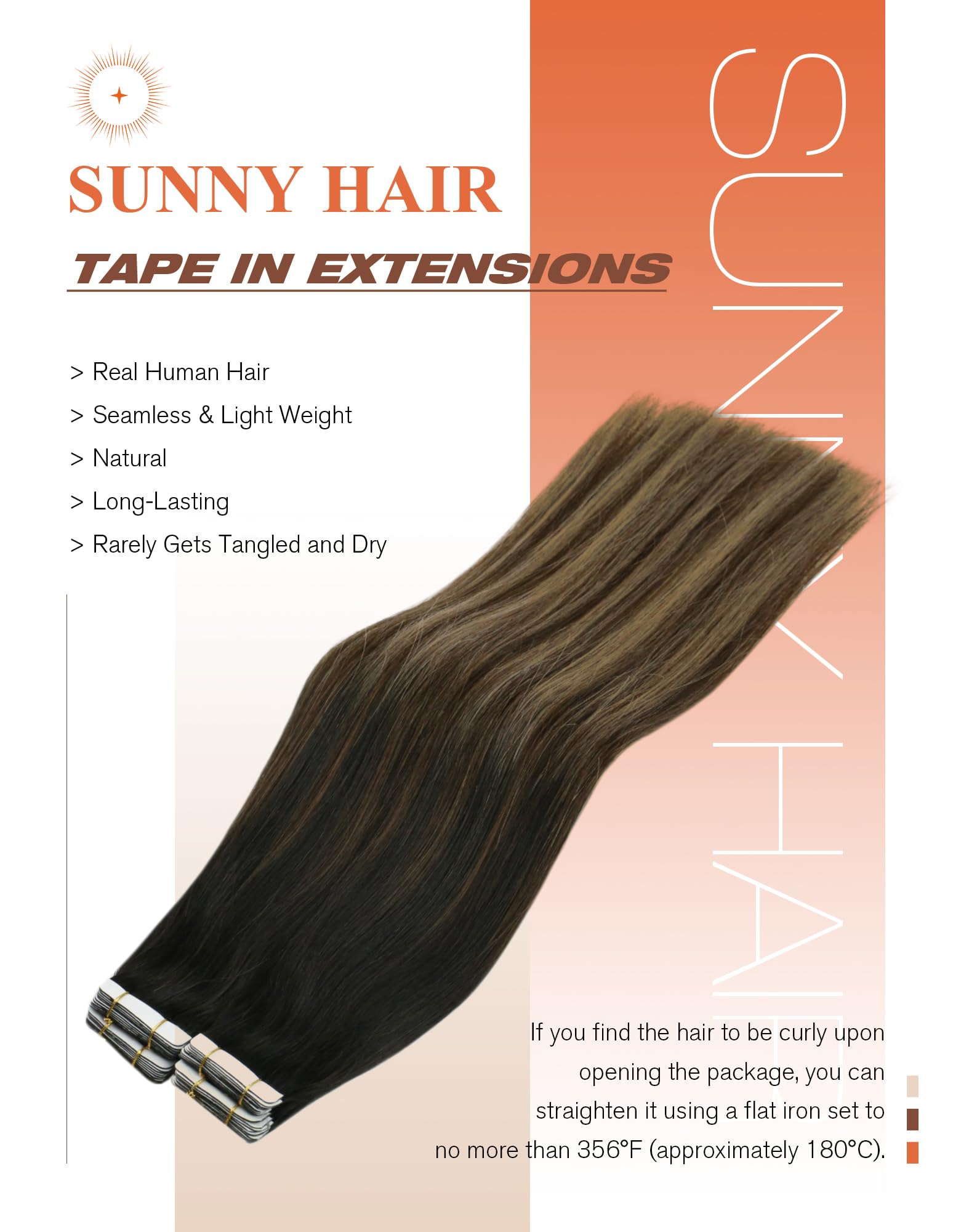 Sunny Hair Tape in Hair Extensions Real Human Hair Invisible Remy Hair Extensions Tape ins for Women Natural Black Ombre Dark Br