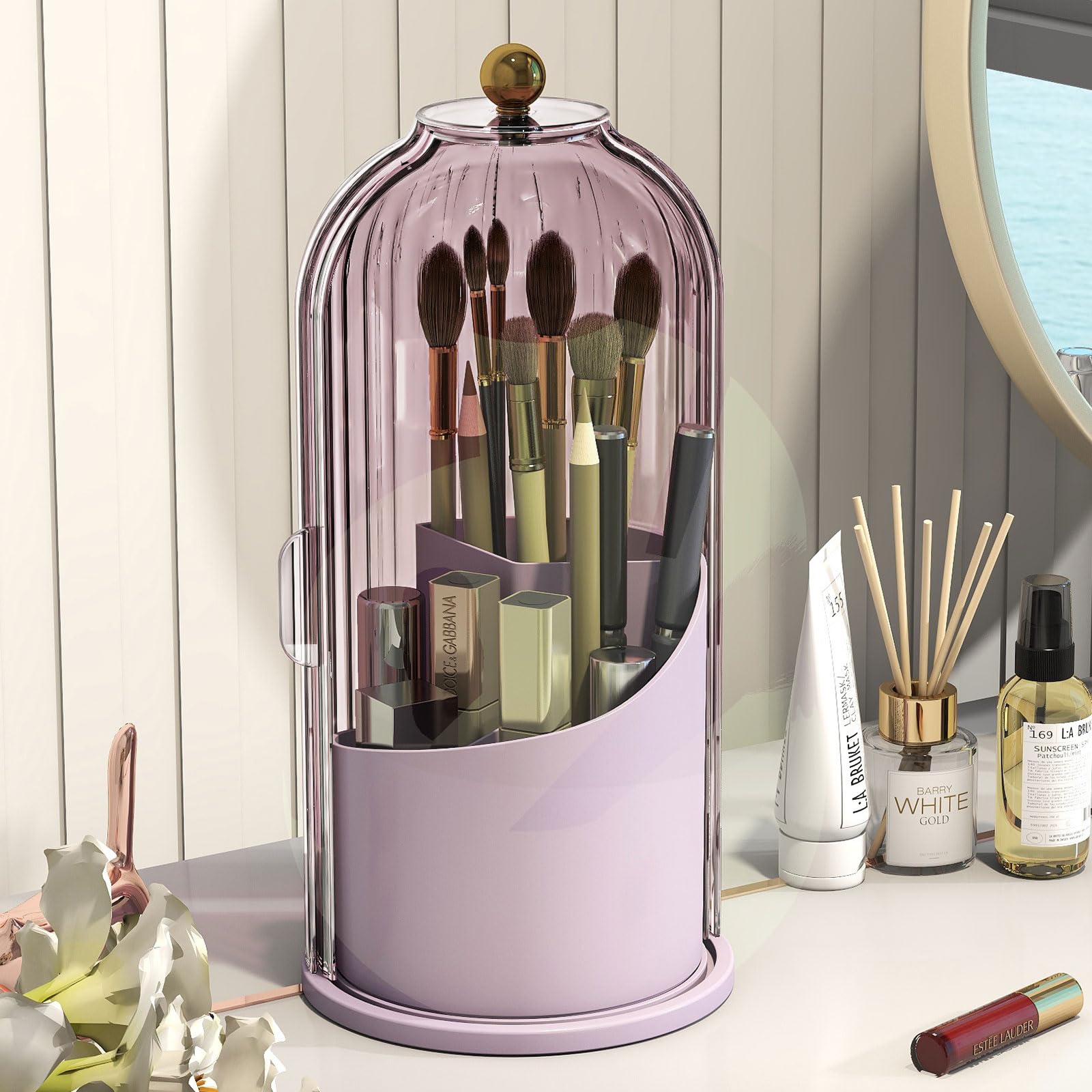 Emljkvp Makeup Brush Holder With Dustproof Cover 360 Rotating Makeup Brush Organizer For Vanity Bathroom, Pink