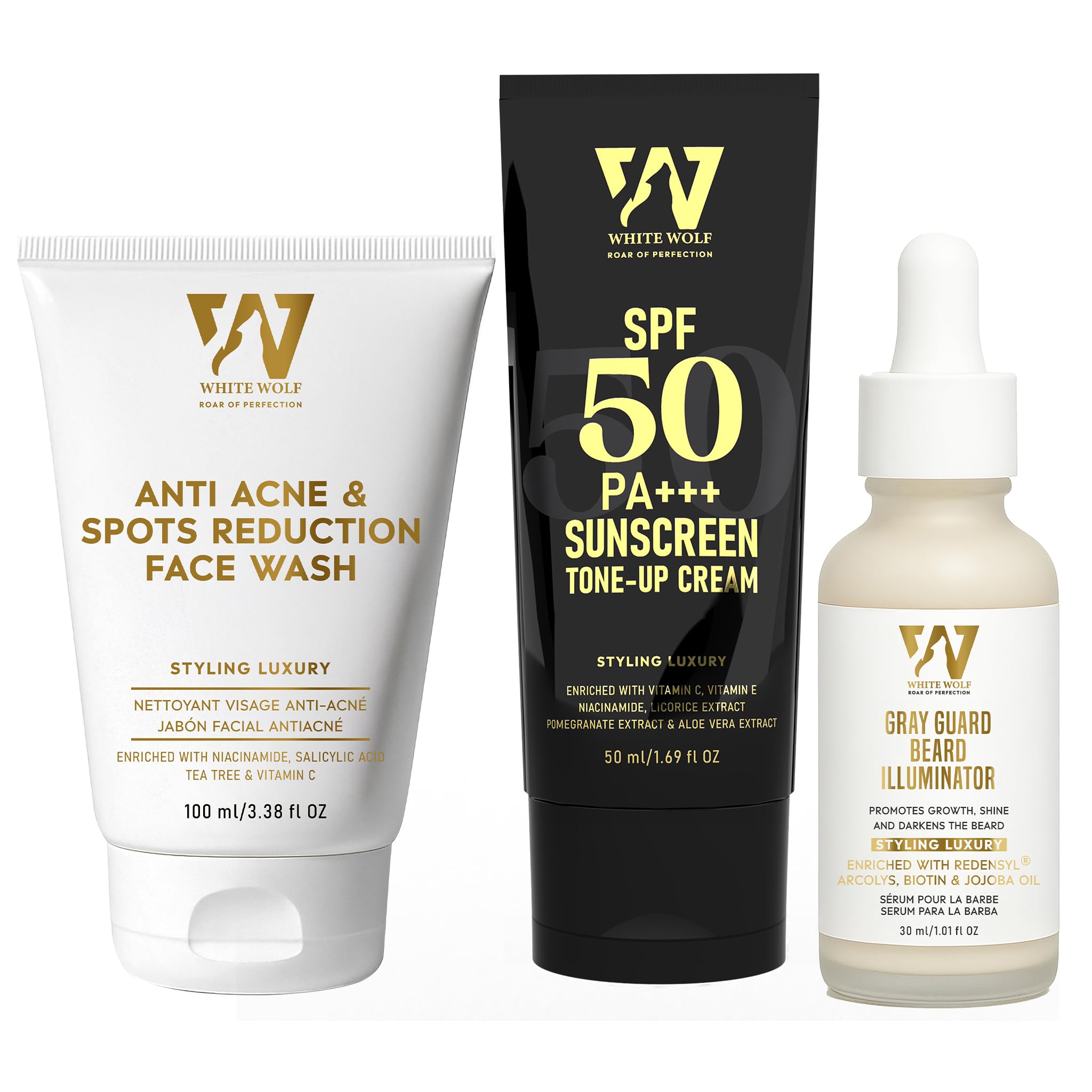 White Wolf MenS Daily Defence Grooming Kit, AntiAcne Face Wash, Spf 50 Pa+++ Sunscreen, Beard Illuminating Serum, 3Piece Skin