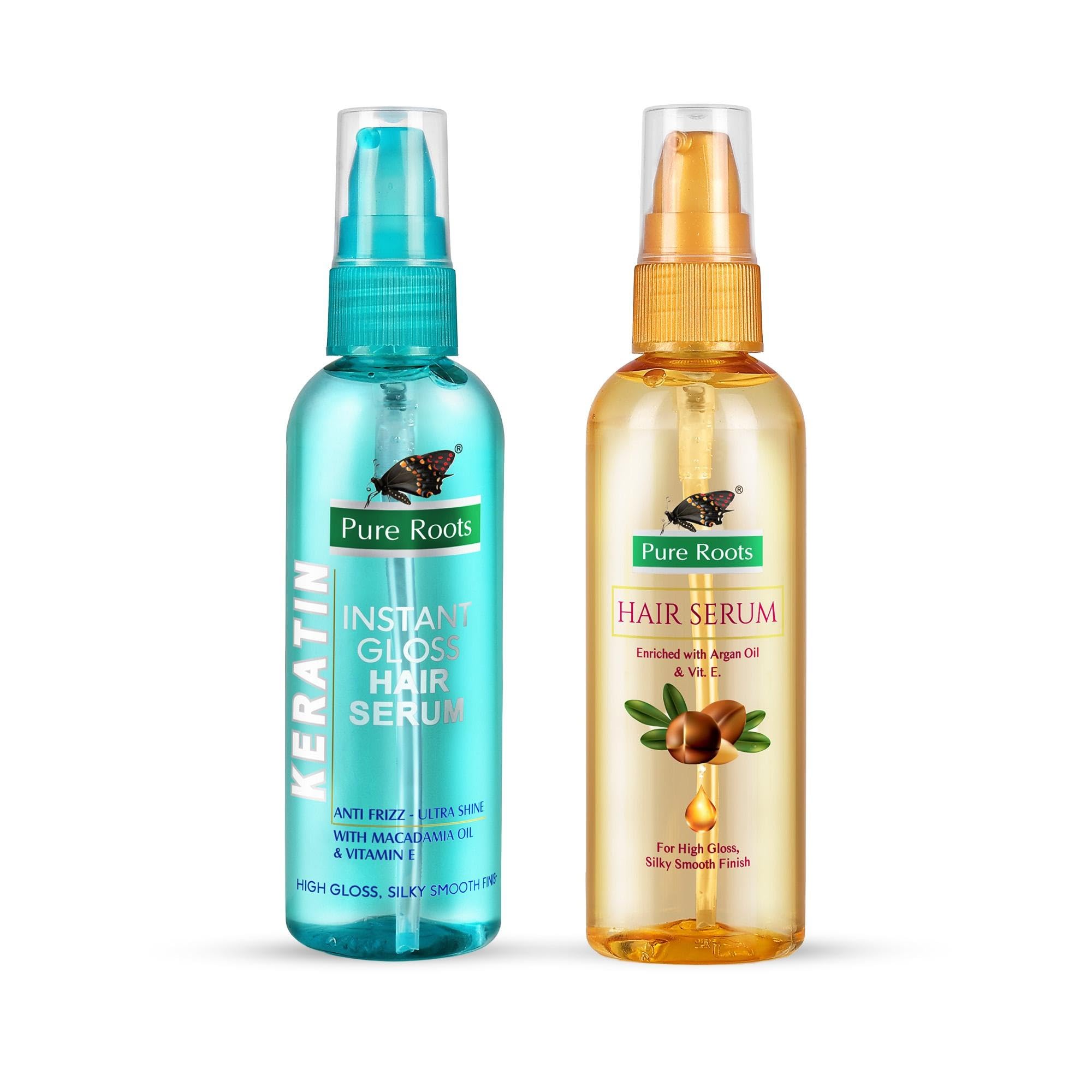 Pure Roots Keratin Instant Gloss & Argan Oil Hair Serum Combo 100Ml Each For Shine, Silky, Frizzy Hair With Vitamin E  Pack Of 